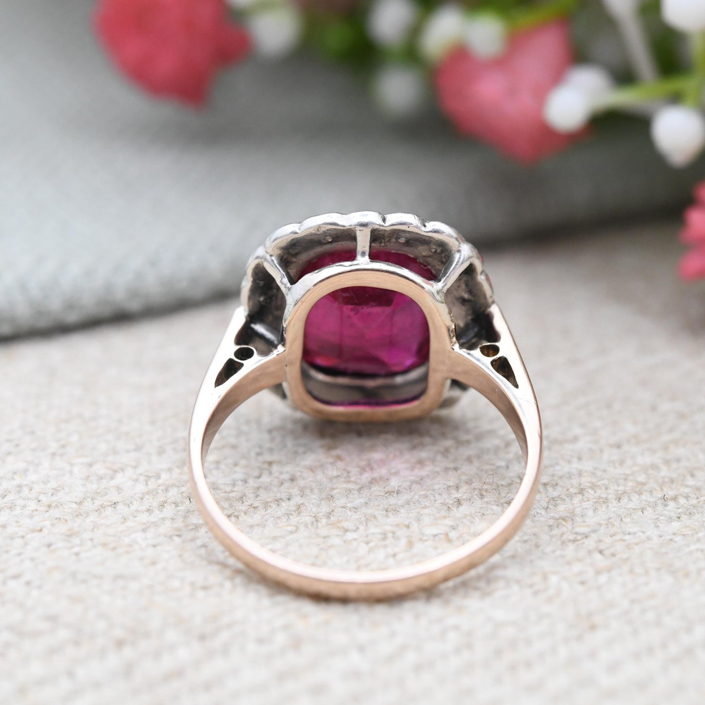 Vintage Art Deco 9ct Gold & Sterling Silver Paste Ring - Cocktail Statement Ruby Red and Clear Paste Halo | UK Size - M | US Size - 6 1/4