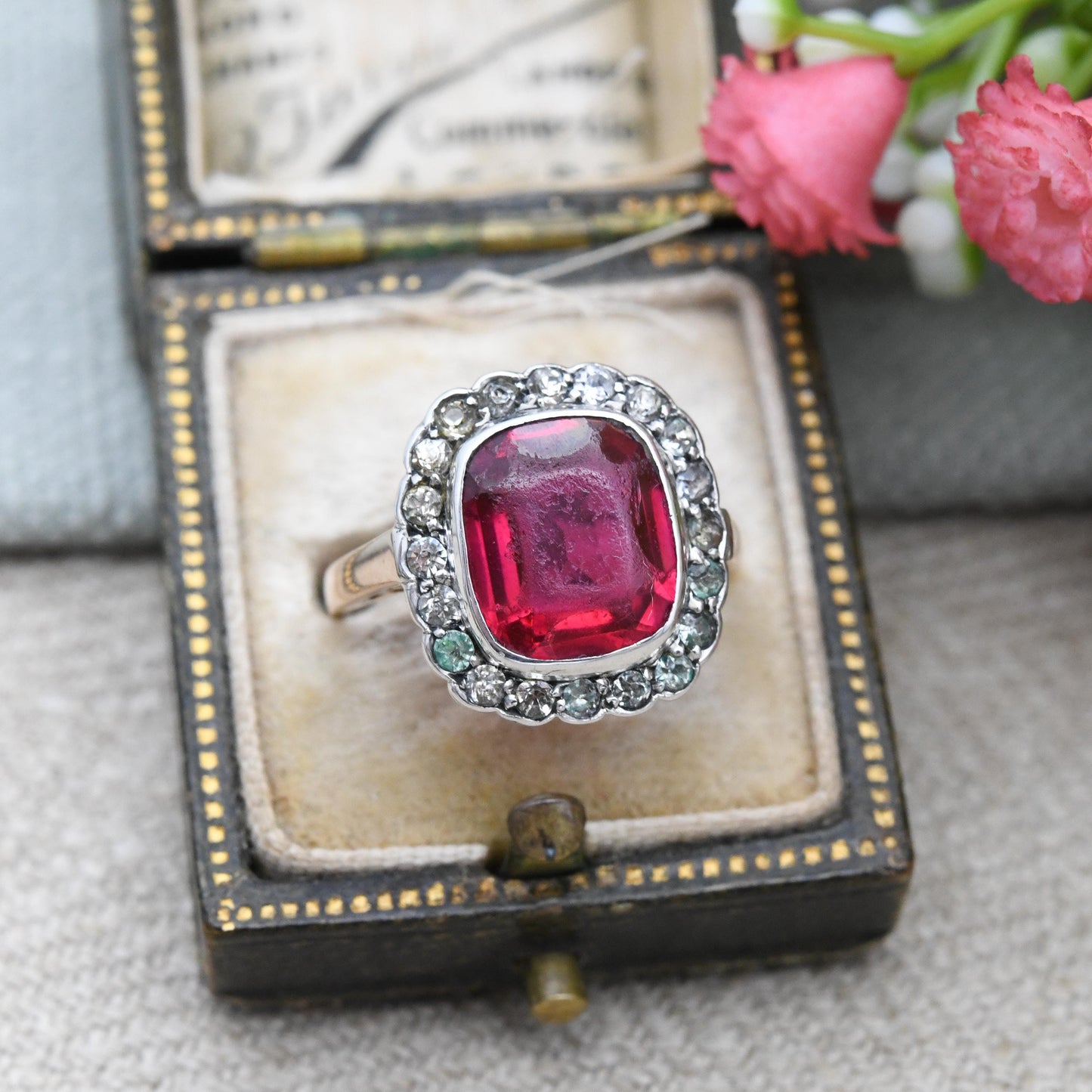Vintage Art Deco 9ct Gold & Sterling Silver Paste Ring - Cocktail Statement Ruby Red and Clear Paste Halo | UK Size - M | US Size - 6 1/4