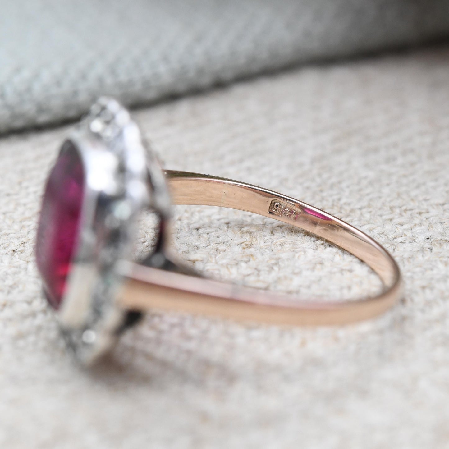 Vintage Art Deco 9ct Gold & Sterling Silver Paste Ring - Cocktail Statement Ruby Red and Clear Paste Halo | UK Size - M | US Size - 6 1/4