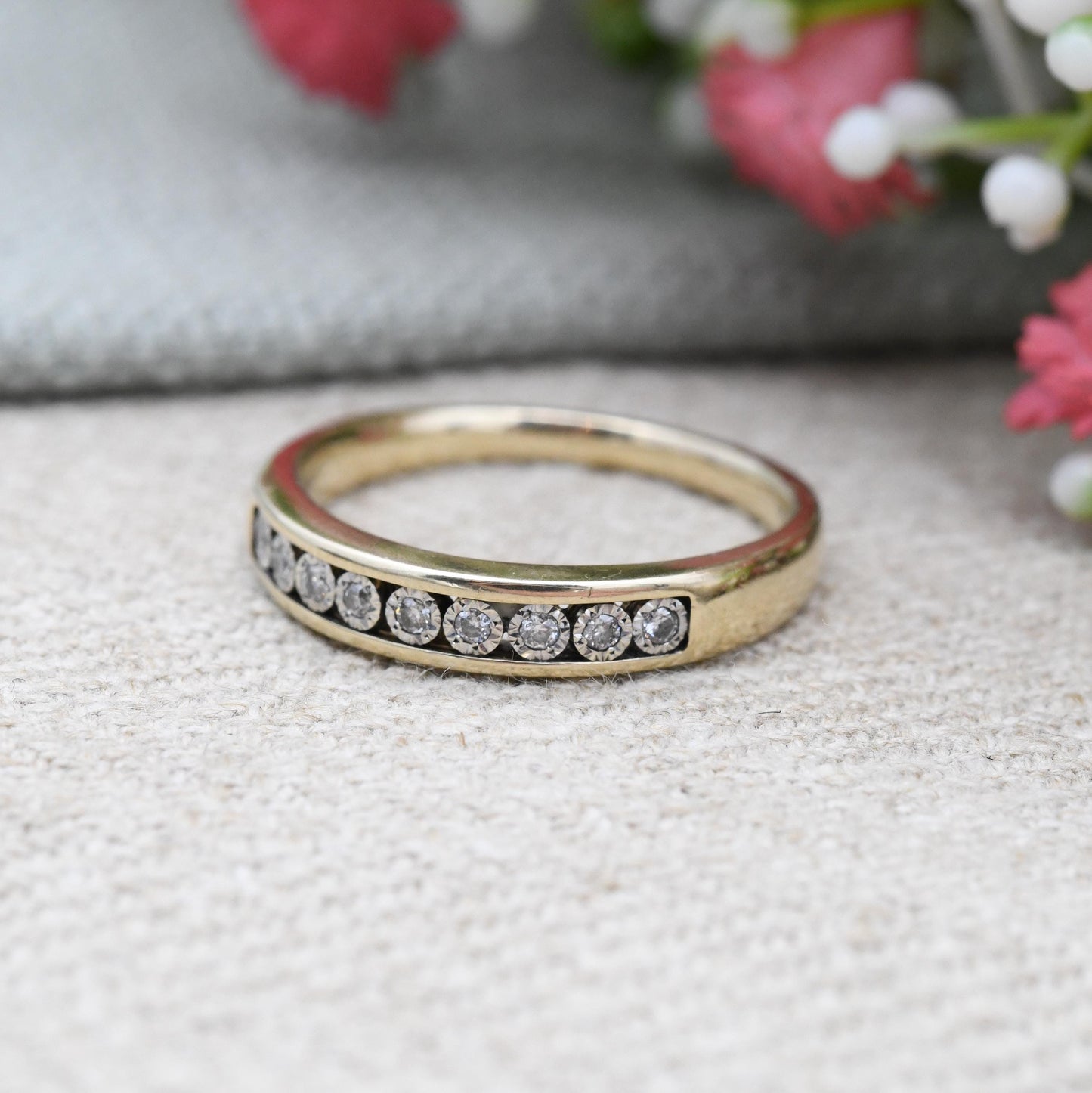 Vintage 9ct Gold Diamond Flush Half Eternity Ring - Channel Illusion Engagement Wedding Band Stacking Ring | UK Size - P | US Size - 7 1/2