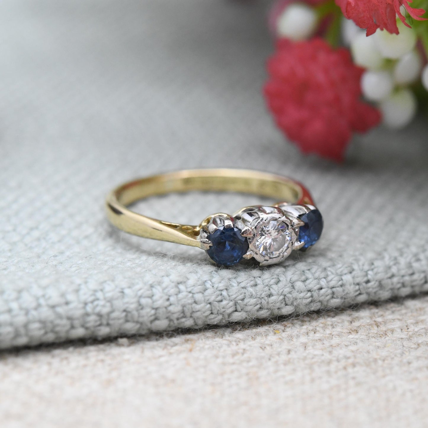 Vintage Diamond and Sapphire Three Stone Ring 18ct Gold and Platinum Trilogy - Blue Engagement Ring | UK Size - I | US Size - 4 1/4