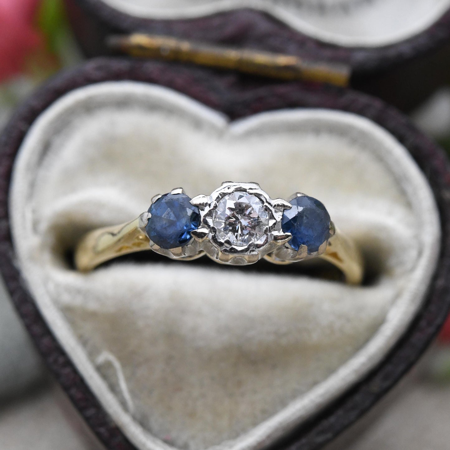 Vintage Diamond and Sapphire Three Stone Ring 18ct Gold and Platinum Trilogy - Blue Engagement Ring | UK Size - I | US Size - 4 1/4