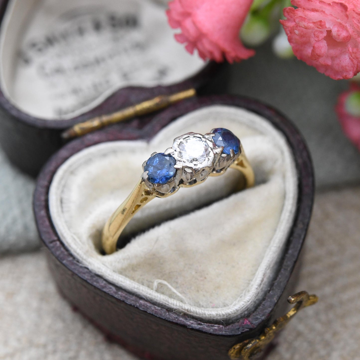 Vintage Diamond and Sapphire Three Stone Ring 18ct Gold and Platinum Trilogy - Blue Engagement Ring | UK Size - I | US Size - 4 1/4