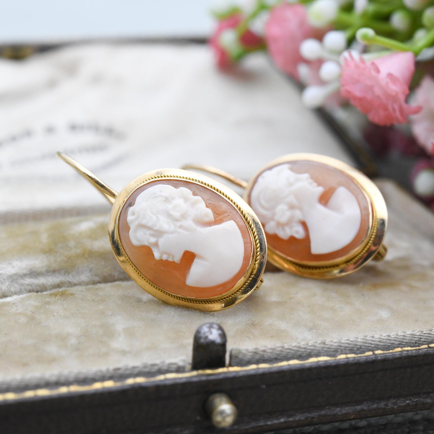 Vintage Italian 18ct Gold Cameo Earrings - Hand Carved Shell Portrait Woman's Profile Bust | Lever Back Hook Closure | 750 Italy Hallmarks