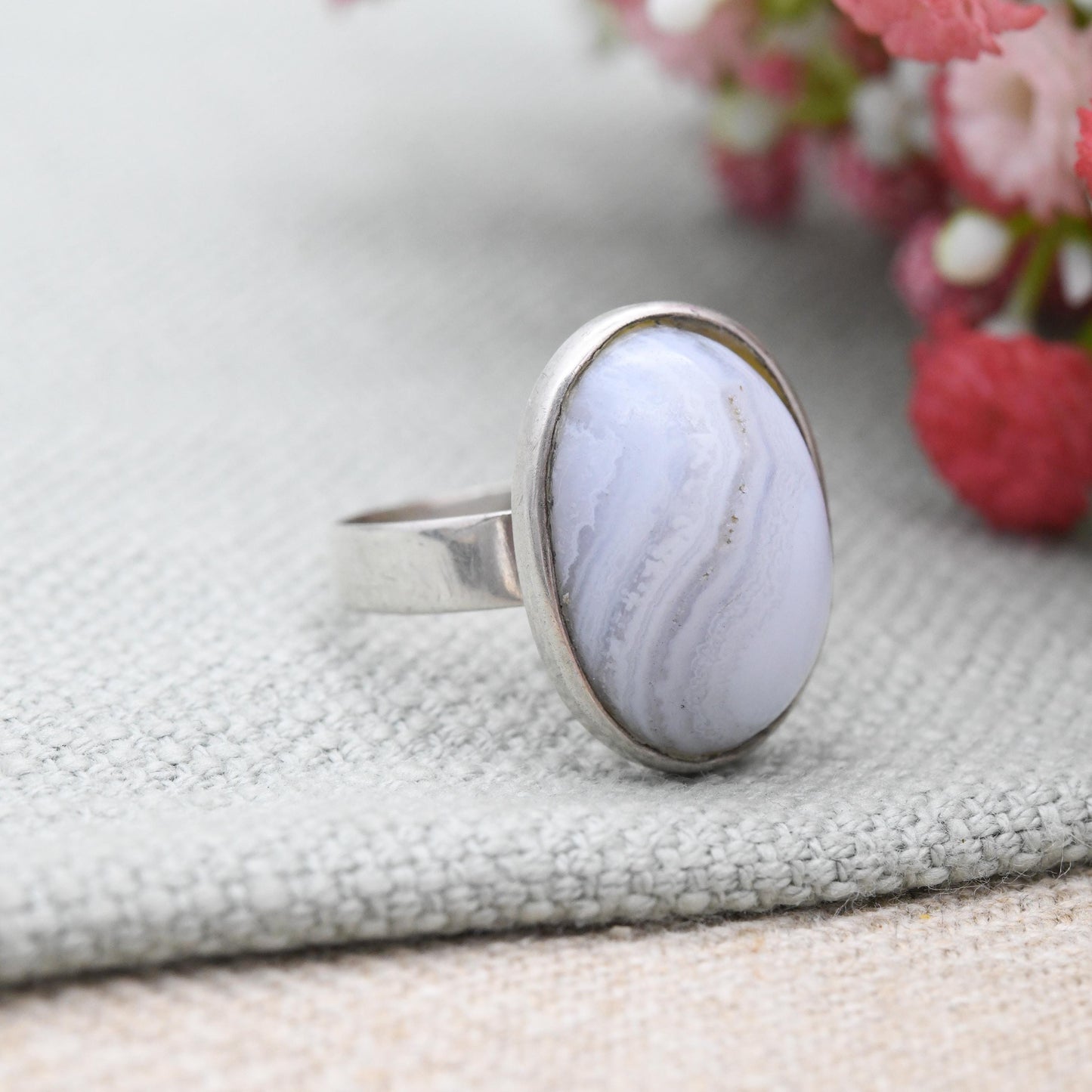 Vintage Sterling Silver Blue Lace Agate Ring 1973 by Magnus Maximus Designs - Scottish Edinburgh Mid-Century | UK Size - N | US Size - 6 3/4