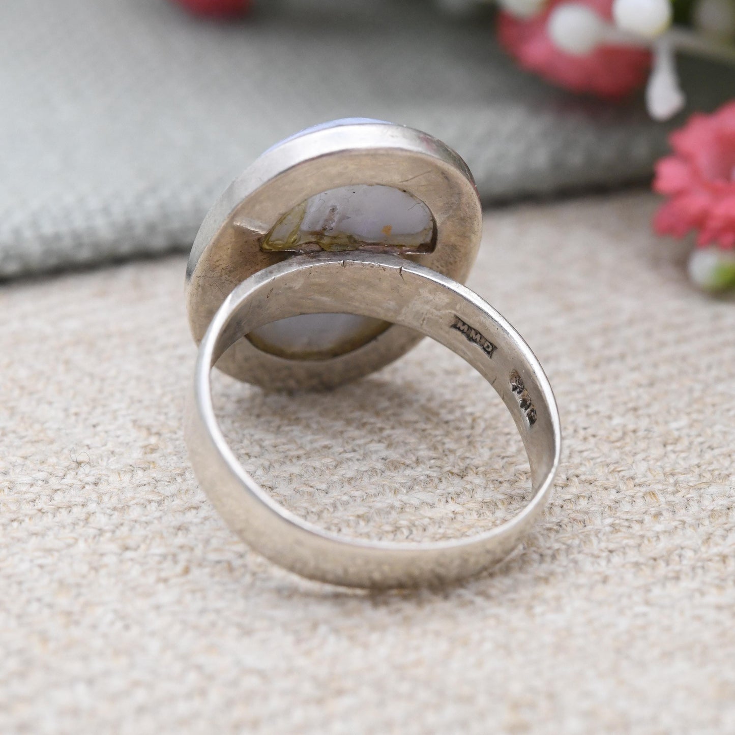 Vintage Sterling Silver Blue Lace Agate Ring 1973 by Magnus Maximus Designs - Scottish Edinburgh Mid-Century | UK Size - N | US Size - 6 3/4