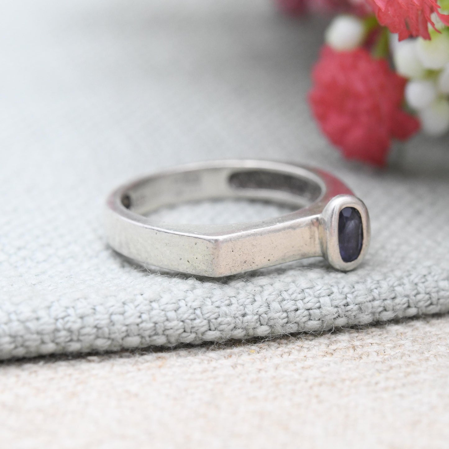 Sterling Silver Off-Centre Gemstone Ring - Square Shape Minimal Jewellery | Faceted Purple Stone Solitaire | UK Size - N 1/2 | US Size - 7