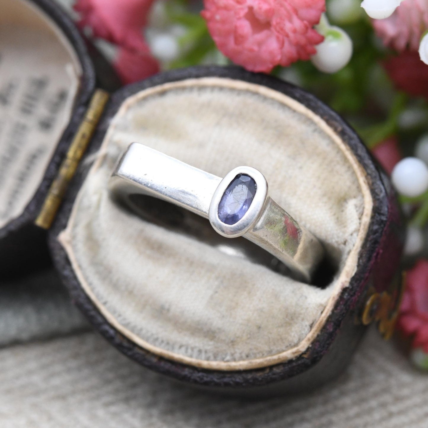 Sterling Silver Off-Centre Gemstone Ring - Square Shape Minimal Jewellery | Faceted Purple Stone Solitaire | UK Size - N 1/2 | US Size - 7