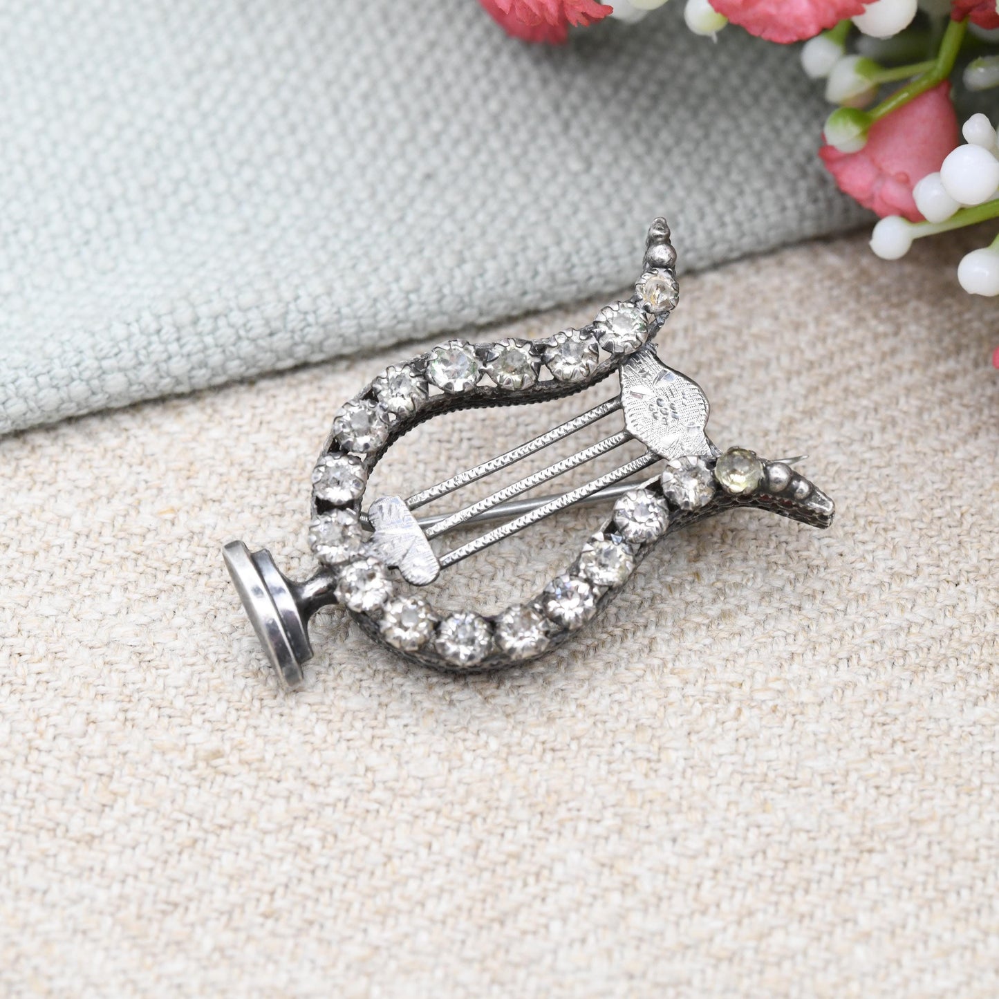 Antique Silver and Paste Lyre Brooch with Engraved Detail - Victorian Sparkly Dress Jewellery | Harp Musical Instrument Theme