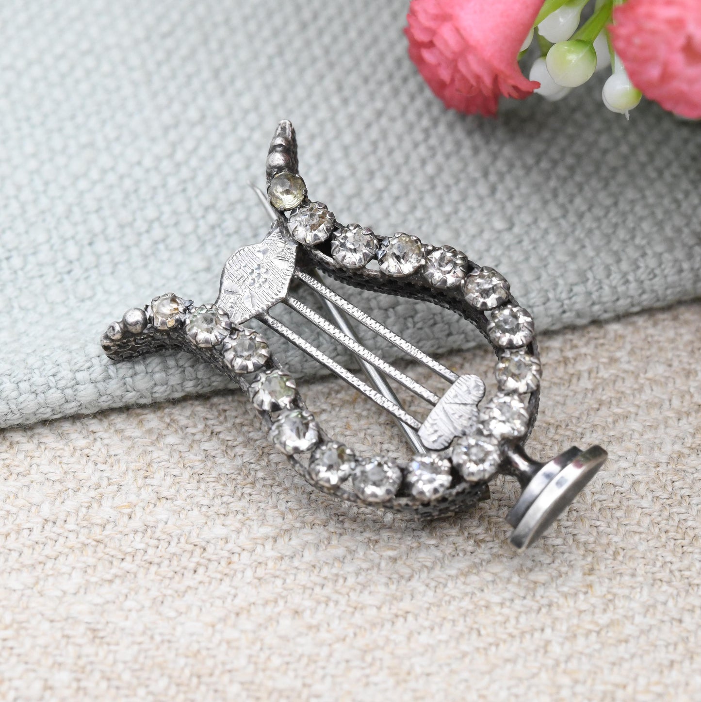 Antique Silver and Paste Lyre Brooch with Engraved Detail - Victorian Sparkly Dress Jewellery | Harp Musical Instrument Theme