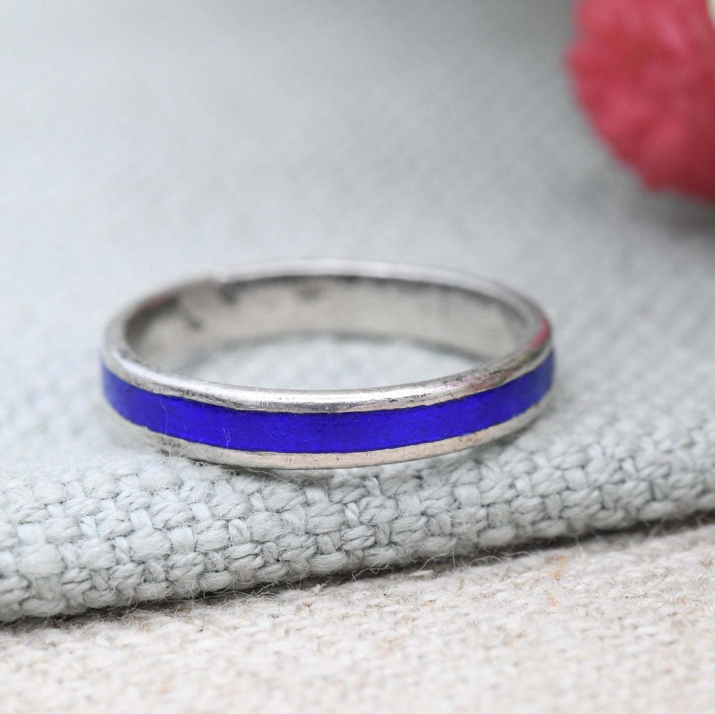 Vintage Sterling Silver Blue Enamel Band Ring - Unisex Colourful Pinkie Ring Small Size | UK Size - K | US Size - 5 1/4