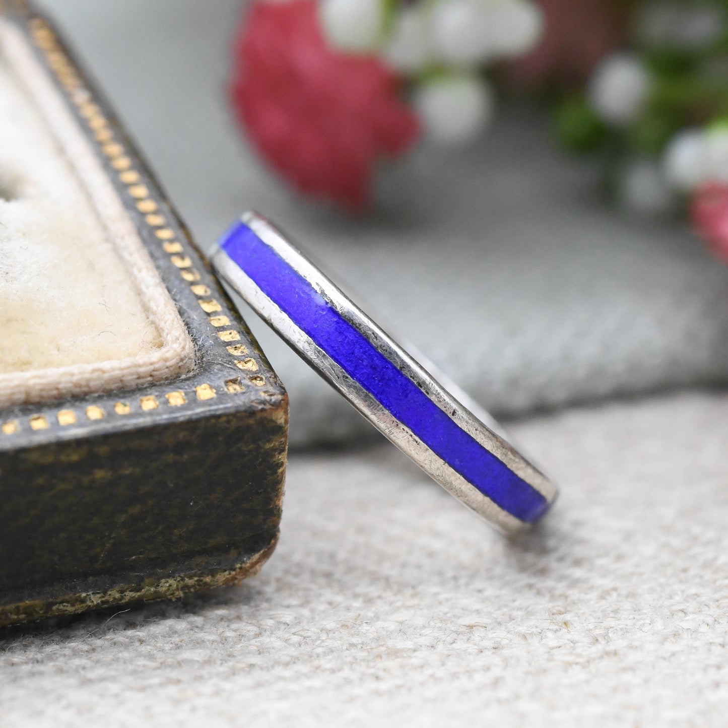Vintage Sterling Silver Blue Enamel Band Ring - Unisex Colourful Pinkie Ring Small Size | UK Size - K | US Size - 5 1/4