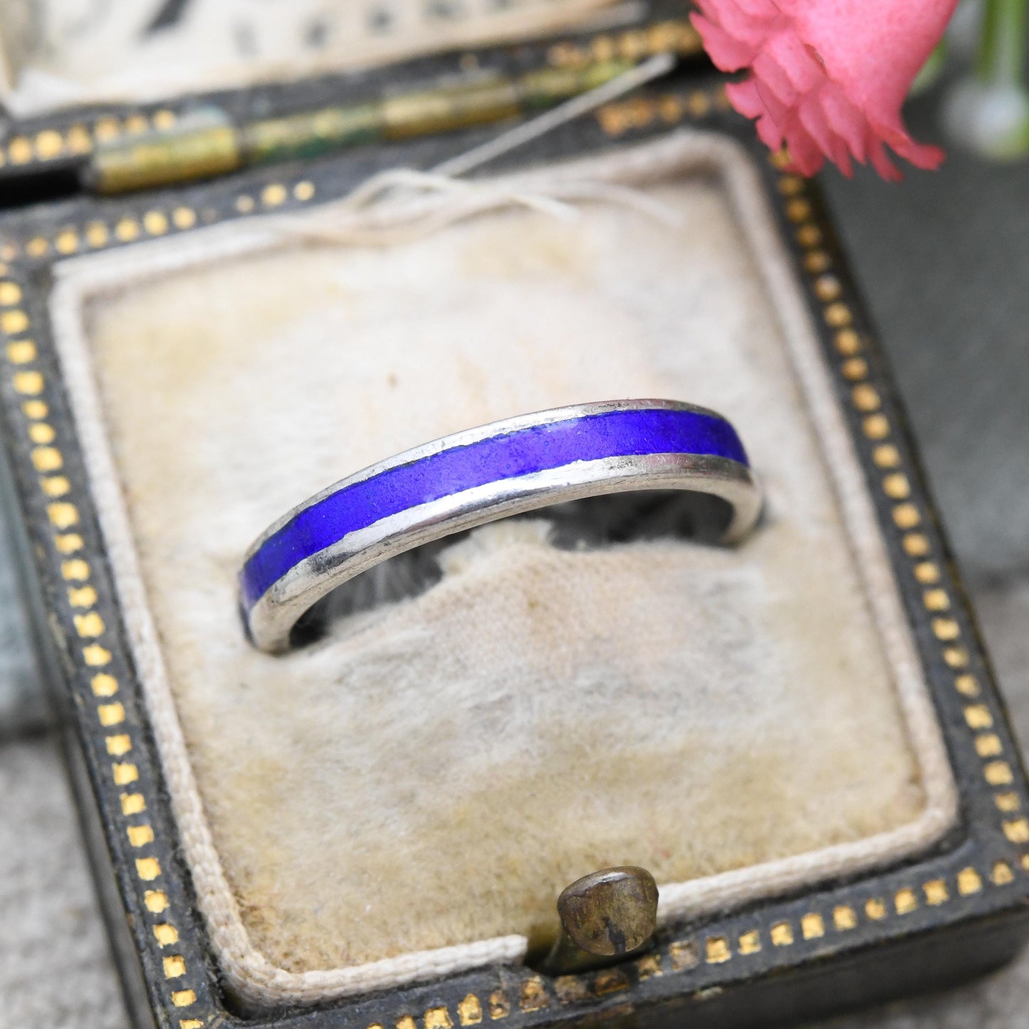 Vintage Sterling Silver Blue Enamel Band Ring - Unisex Colourful Pinkie Ring Small Size | UK Size - K | US Size - 5 1/4
