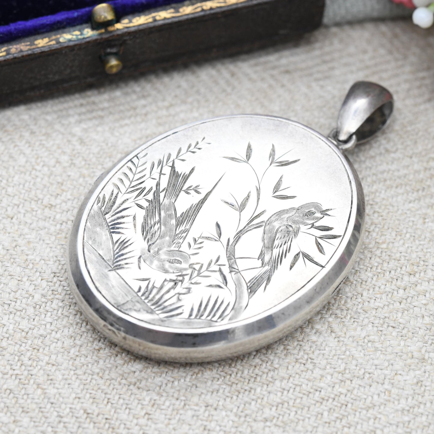 Antique Victorian Sterling Silver Locket with Swallows Aesthetic Movement - Large Oval Pendant Hand Engraved | Hairwork and Picture Inside