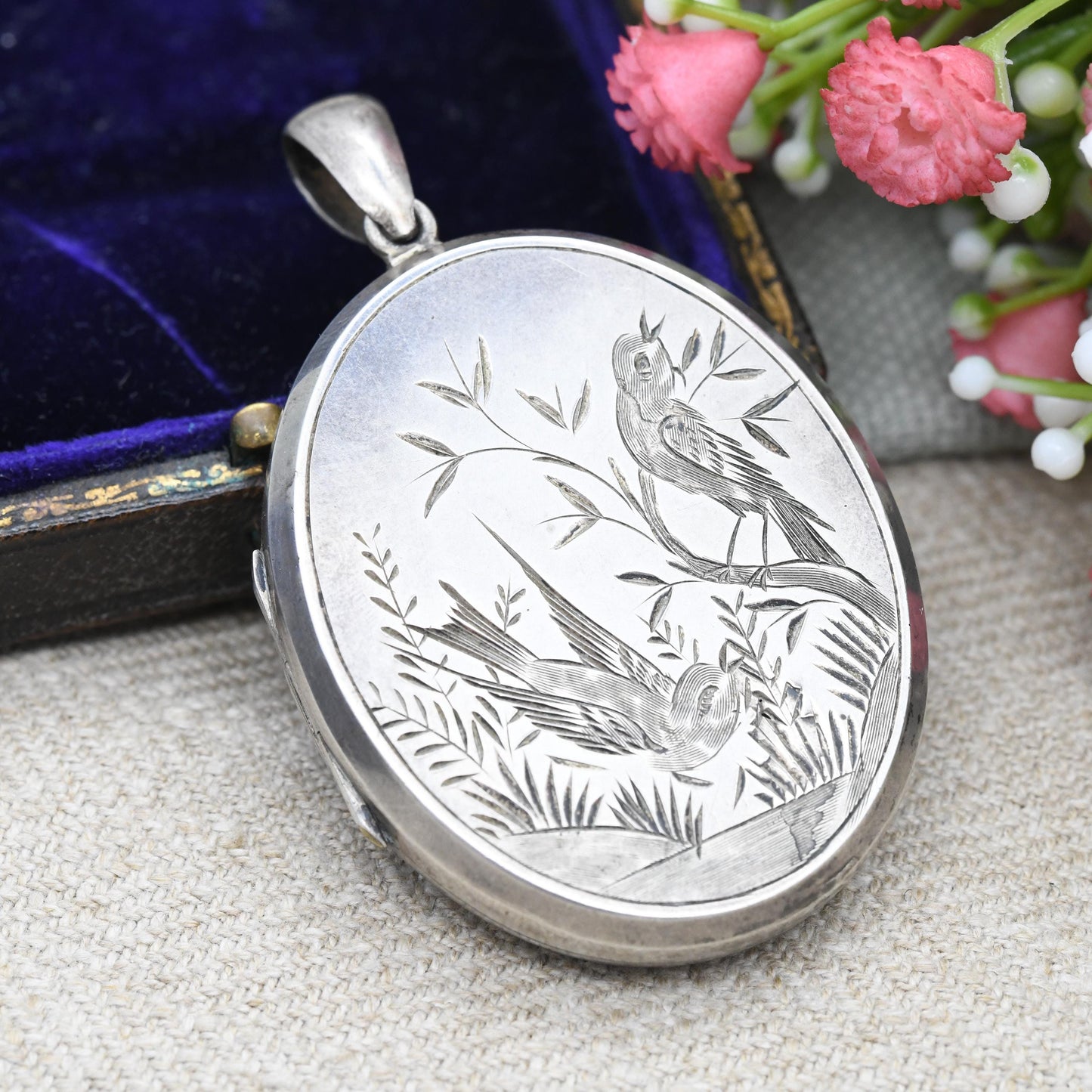 Antique Victorian Sterling Silver Locket with Swallows Aesthetic Movement - Large Oval Pendant Hand Engraved | Hairwork and Picture Inside