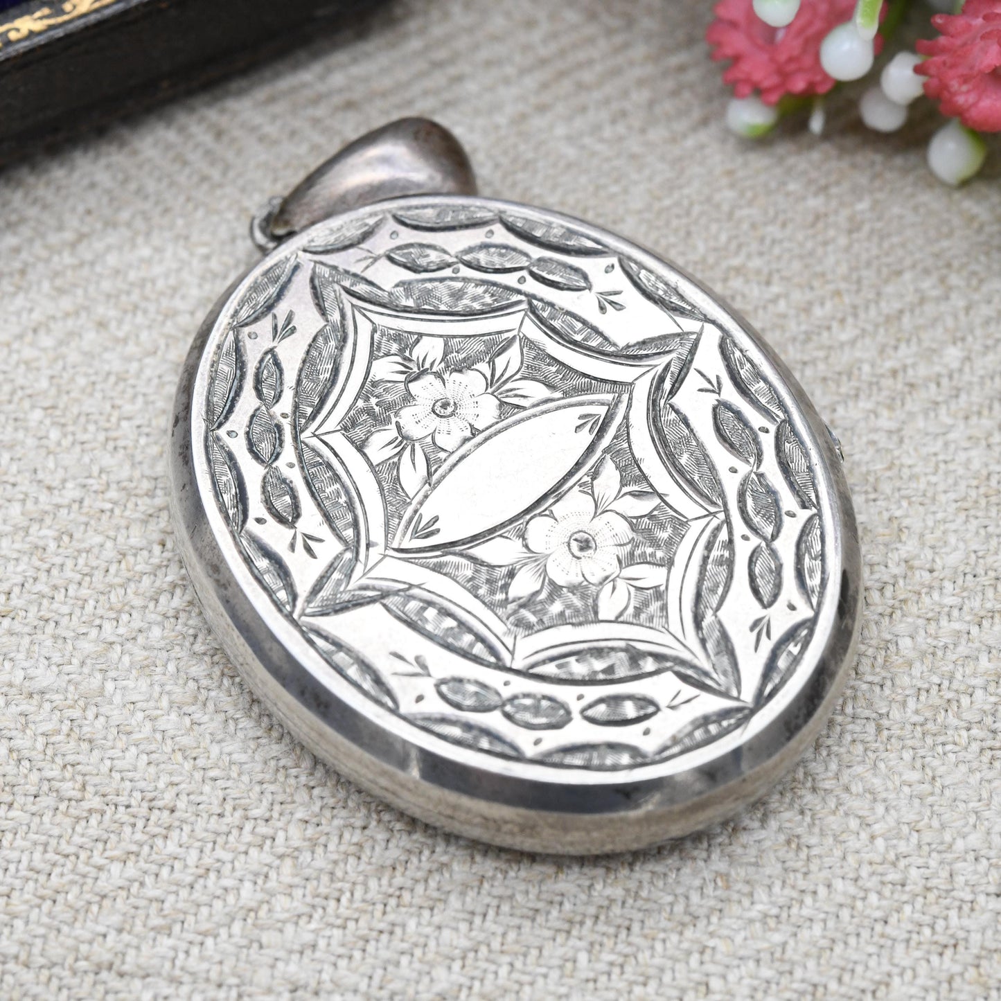 Antique Victorian Sterling Silver Locket with Swallows Aesthetic Movement - Large Oval Pendant Hand Engraved | Hairwork and Picture Inside