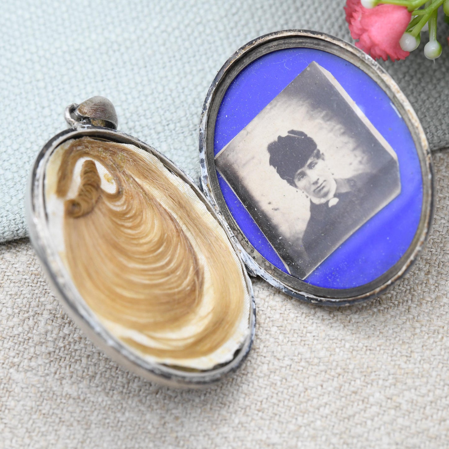 Antique Victorian Sterling Silver Locket with Swallows Aesthetic Movement - Large Oval Pendant Hand Engraved | Hairwork and Picture Inside