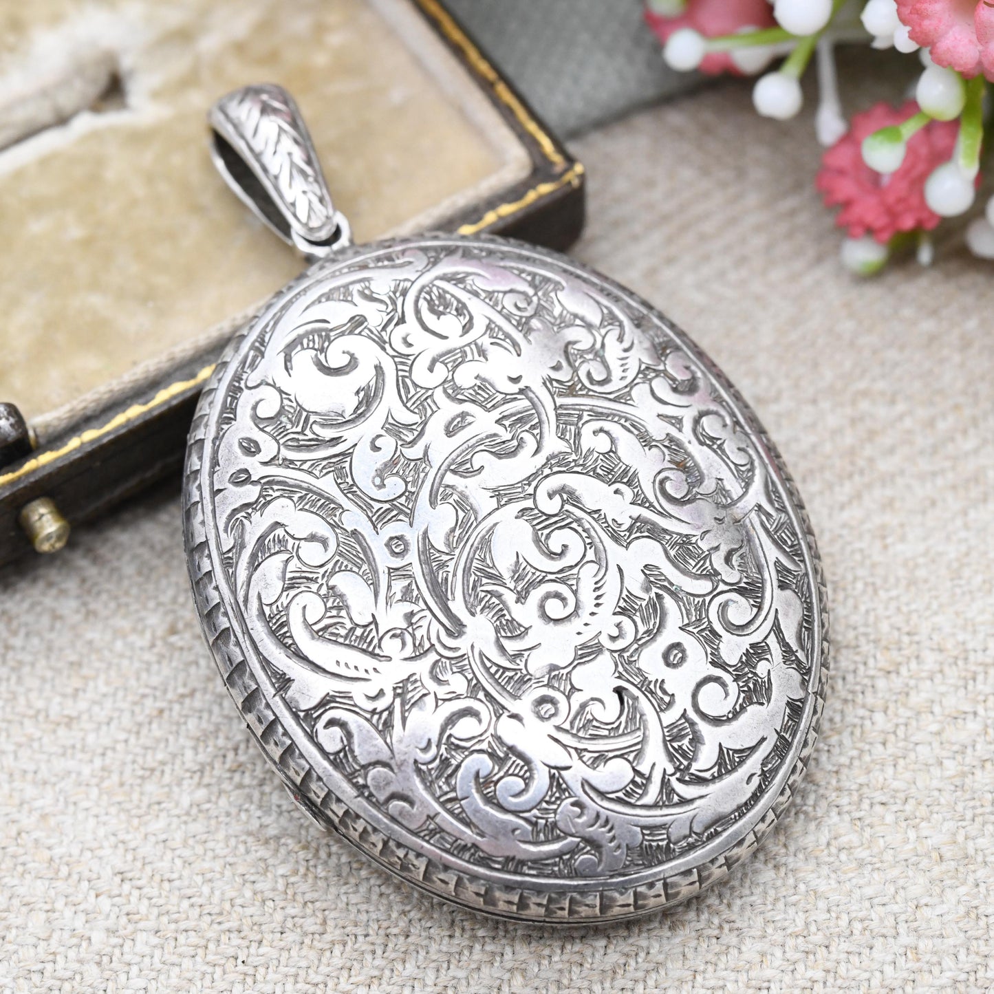 Antique Victorian Sterling Silver Locket 1878 with Hand Engraved Scrolling Design - Rounded Large Oval Flower Pendant Hallmark Solid Silver