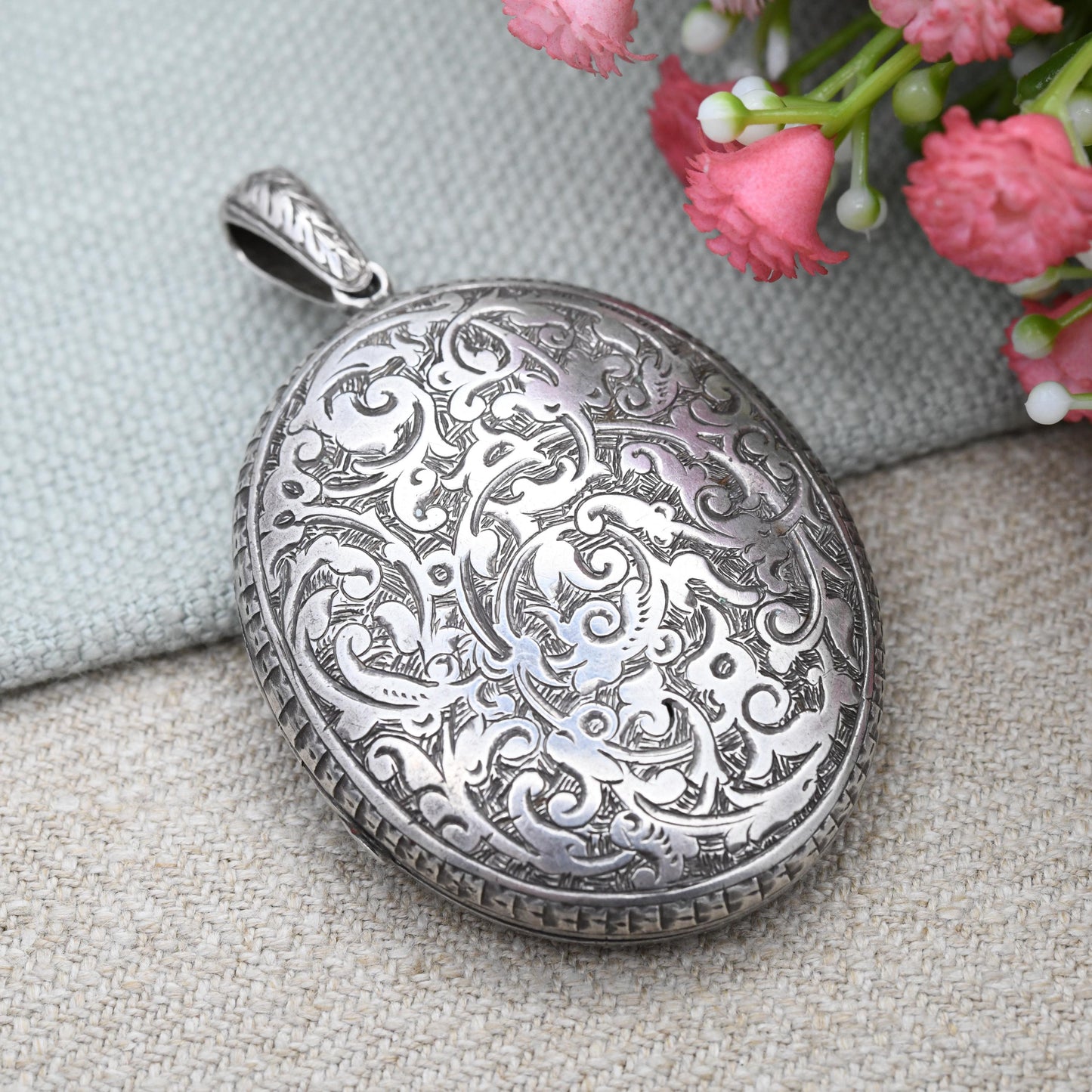 Antique Victorian Sterling Silver Locket 1878 with Hand Engraved Scrolling Design - Rounded Large Oval Flower Pendant Hallmark Solid Silver