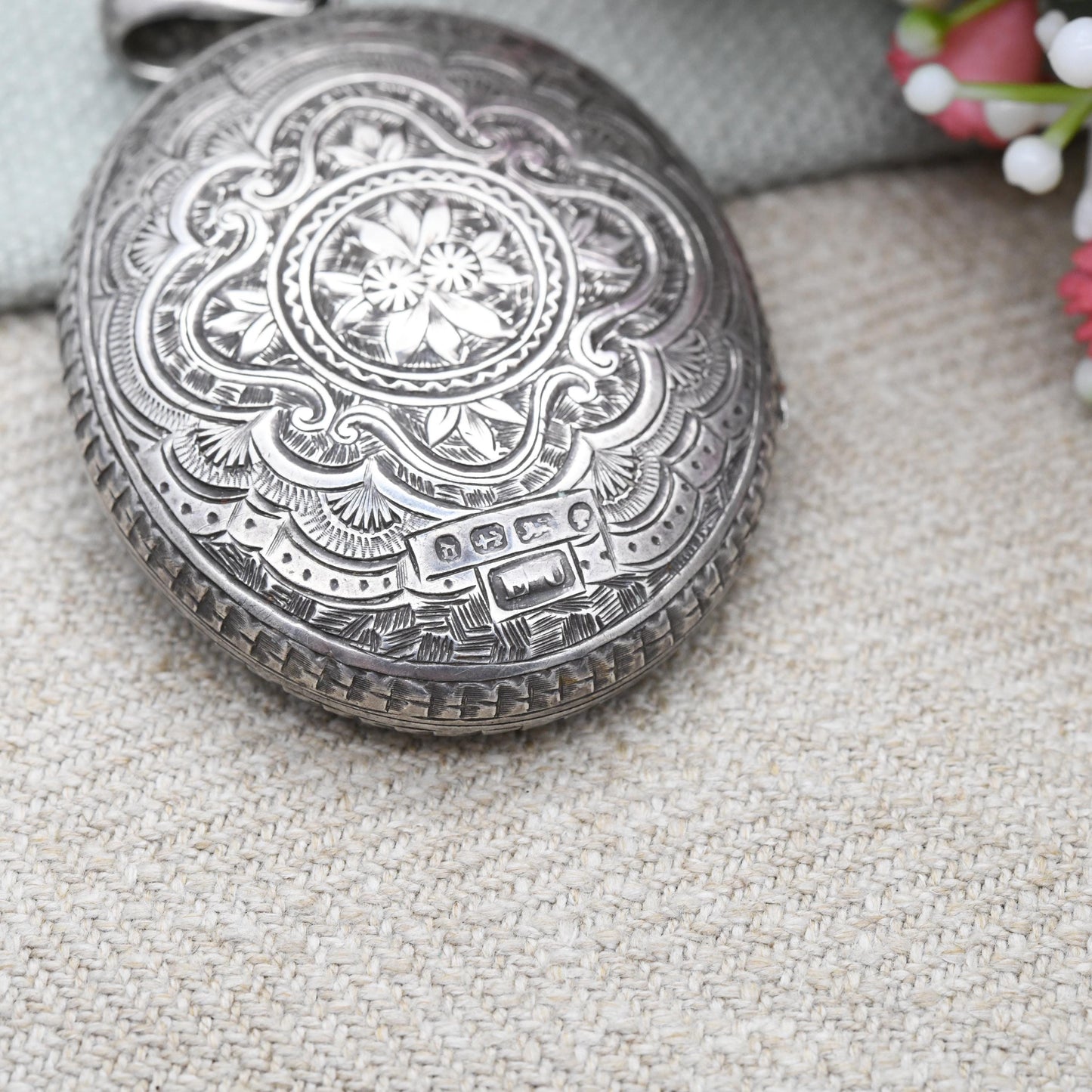 Antique Victorian Sterling Silver Locket 1878 with Hand Engraved Scrolling Design - Rounded Large Oval Flower Pendant Hallmark Solid Silver