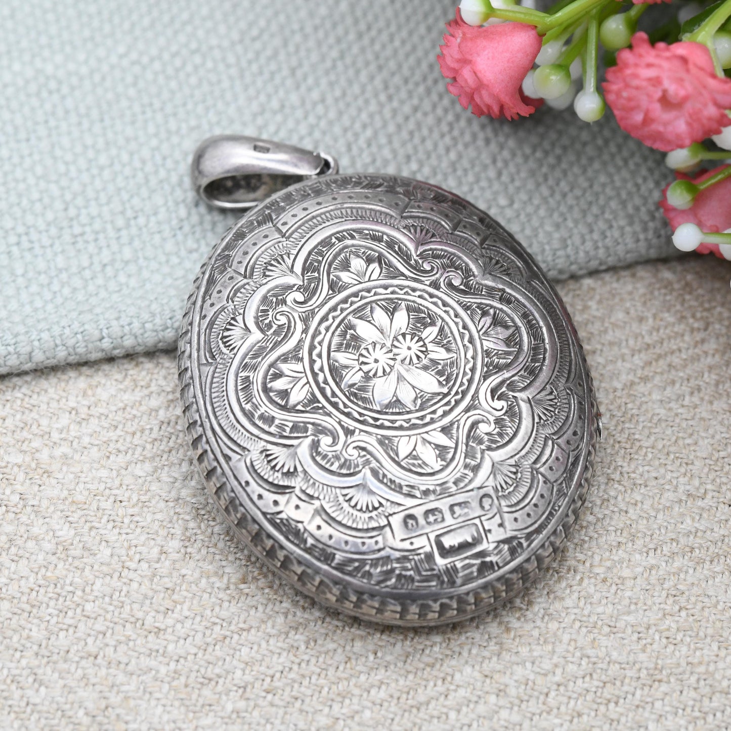 Antique Victorian Sterling Silver Locket 1878 with Hand Engraved Scrolling Design - Rounded Large Oval Flower Pendant Hallmark Solid Silver
