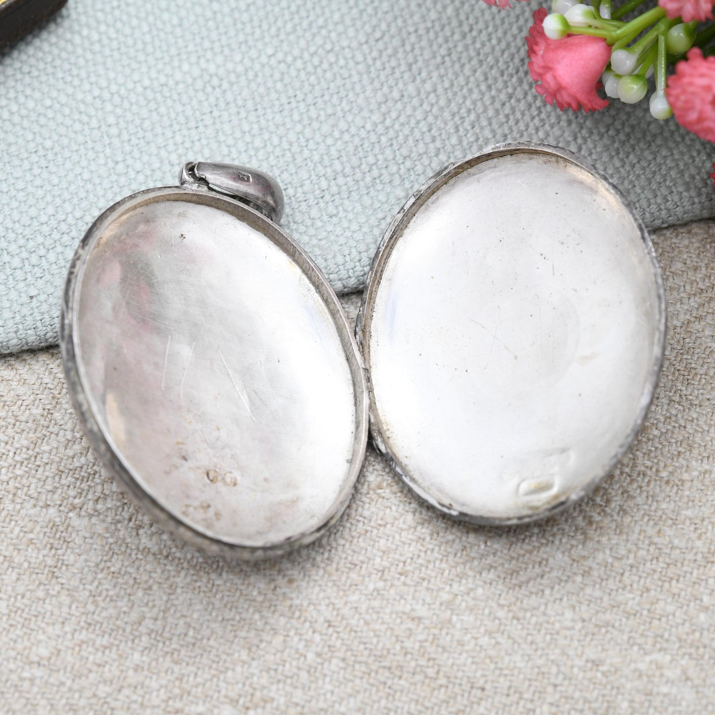 Antique Victorian Sterling Silver Locket 1878 with Hand Engraved Scrolling Design - Rounded Large Oval Flower Pendant Hallmark Solid Silver