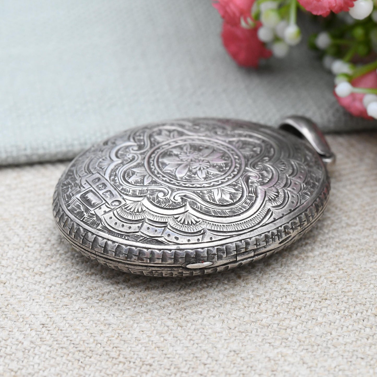 Antique Victorian Sterling Silver Locket 1878 with Hand Engraved Scrolling Design - Rounded Large Oval Flower Pendant Hallmark Solid Silver