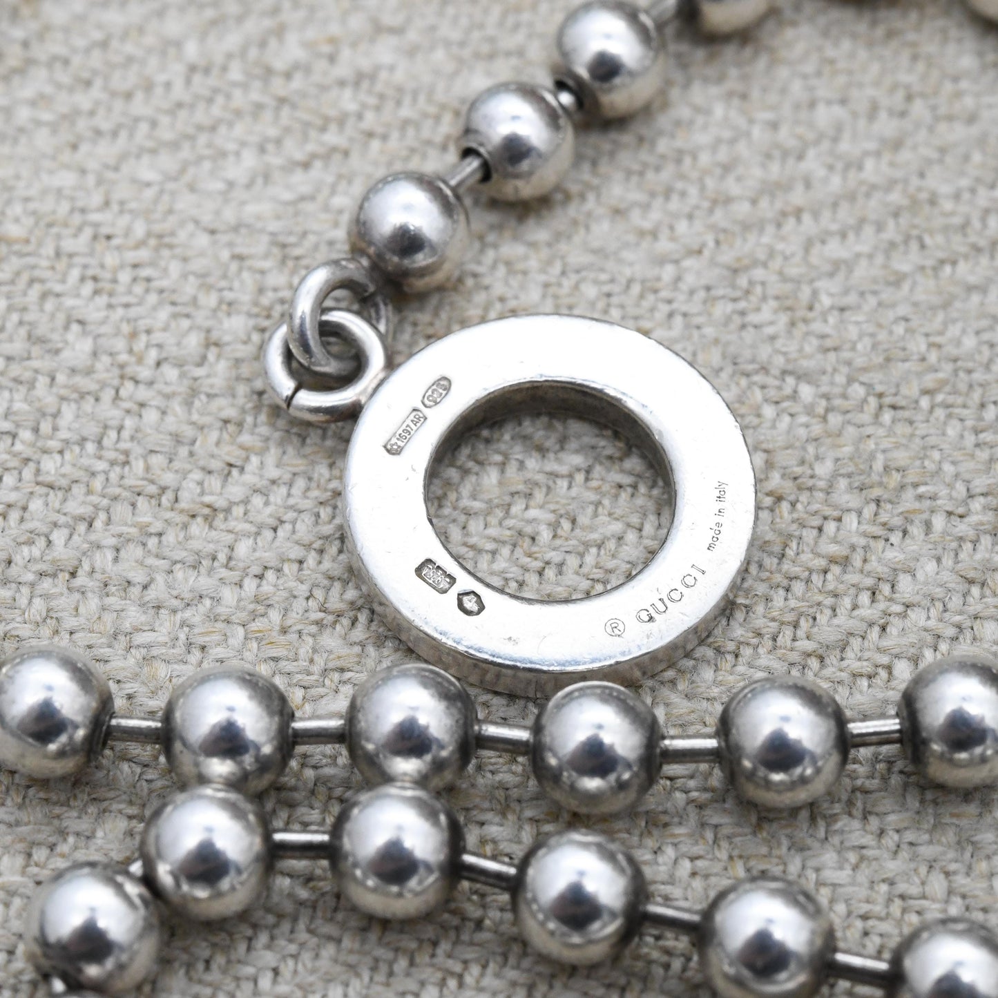 Gucci Boule Necklace ONLY Sterling Silver with Toggle and Ring Clasp - Beaded Popcorn Ball Chain | T-Bar Clasp | Italian Signed Designer
