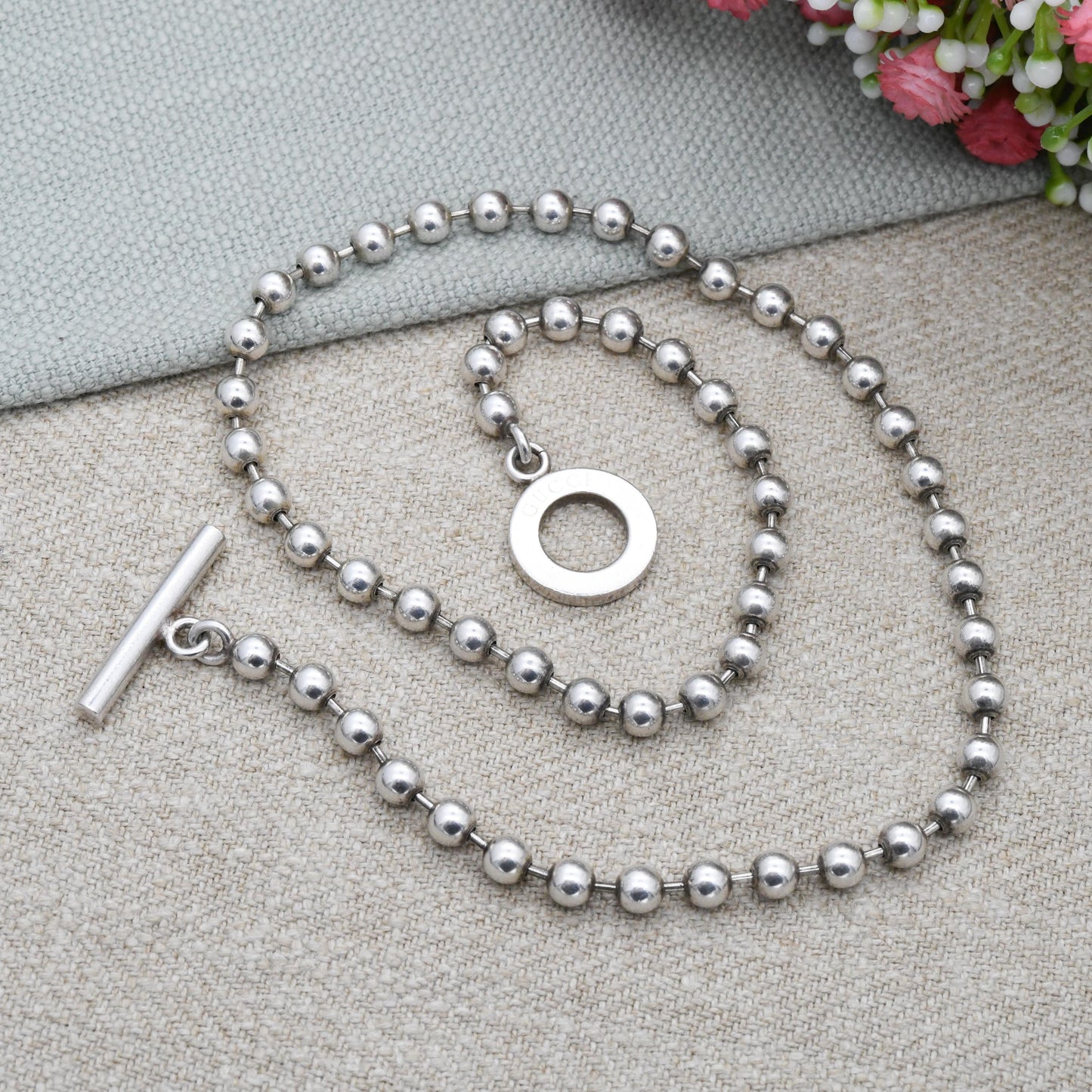Gucci Boule Necklace ONLY Sterling Silver with Toggle and Ring Clasp - Beaded Popcorn Ball Chain | T-Bar Clasp | Italian Signed Designer
