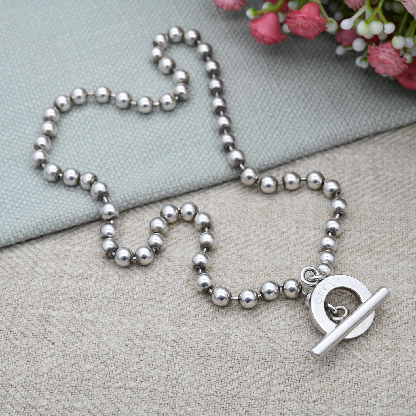 Gucci Boule Necklace ONLY Sterling Silver with Toggle and Ring Clasp - Beaded Popcorn Ball Chain | T-Bar Clasp | Italian Signed Designer