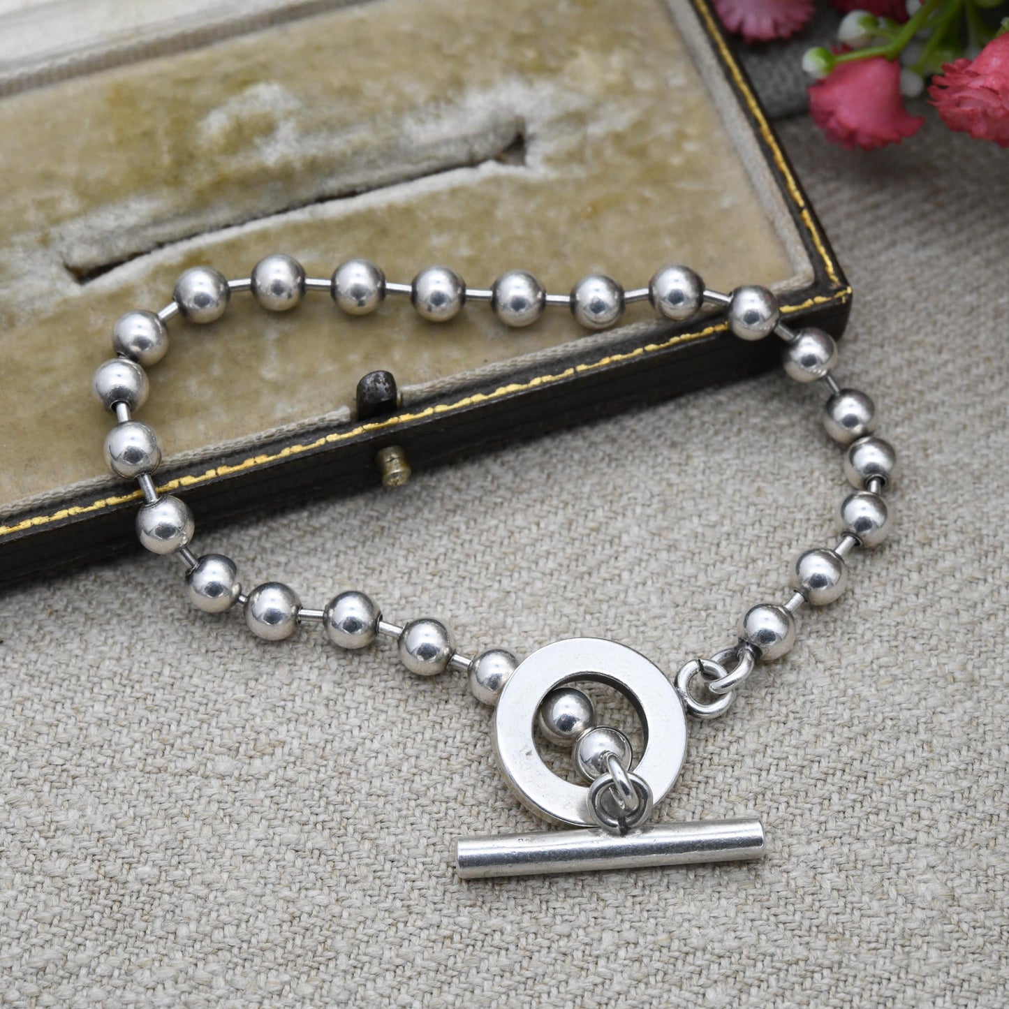 Gucci Boule Necklace and Bracelet Set Sterling Silver with Toggle and Ring Clasp - Beaded Popcorn Ball Chain | T-Bar Clasp | Signed Designer