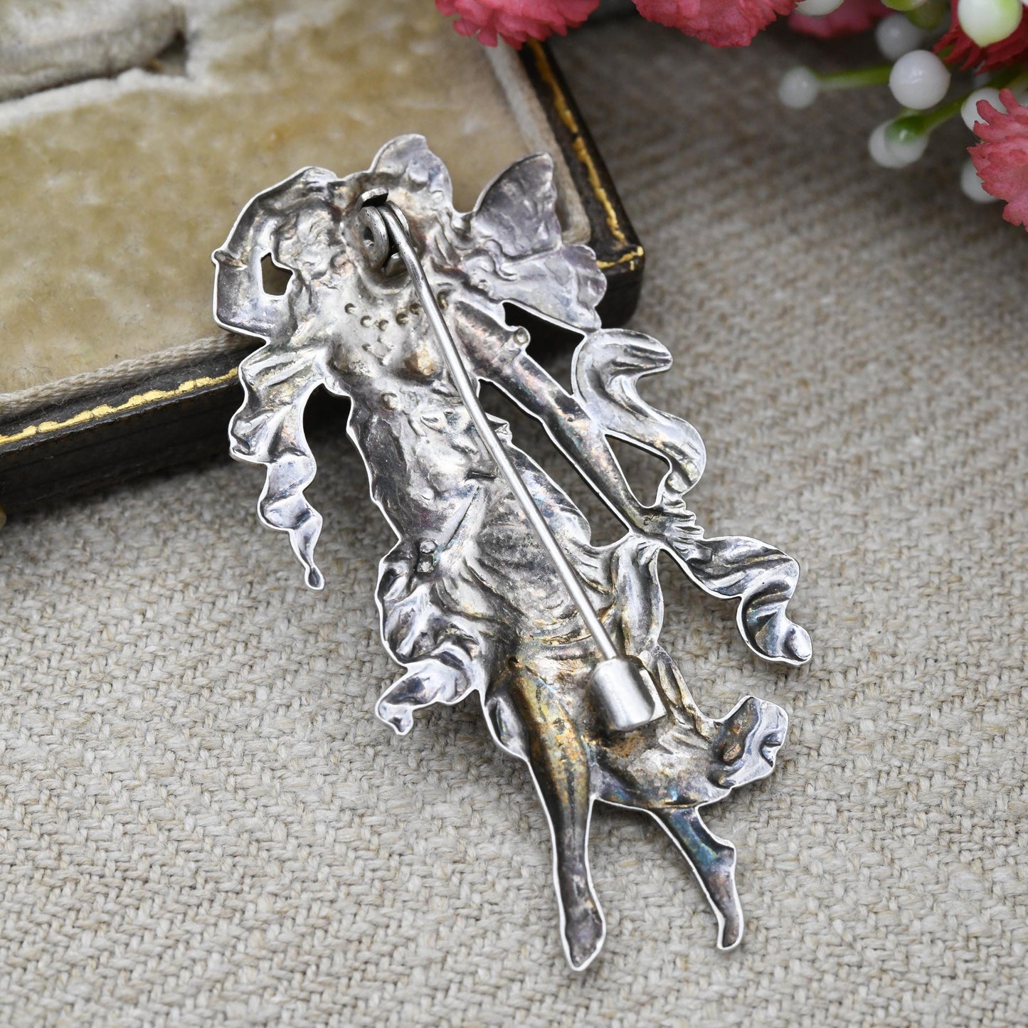 Vintage Mid-Century Art Nouveau Style Fairy Brooch - Butterfly Girl with Wings | Large Figural Silver Tone Jewellery