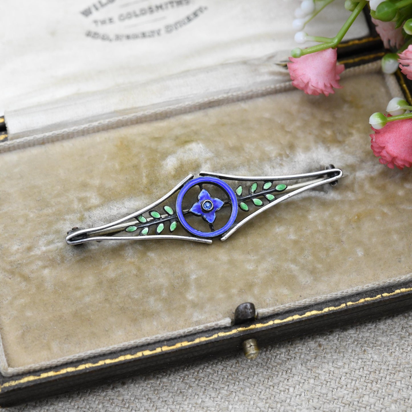 Antique European Silver Enamel Flower Brooch with Blue Stone - Green Enamel Leaves | Edwardian Era Pretty Floral Gift for Her | Bar Brooch