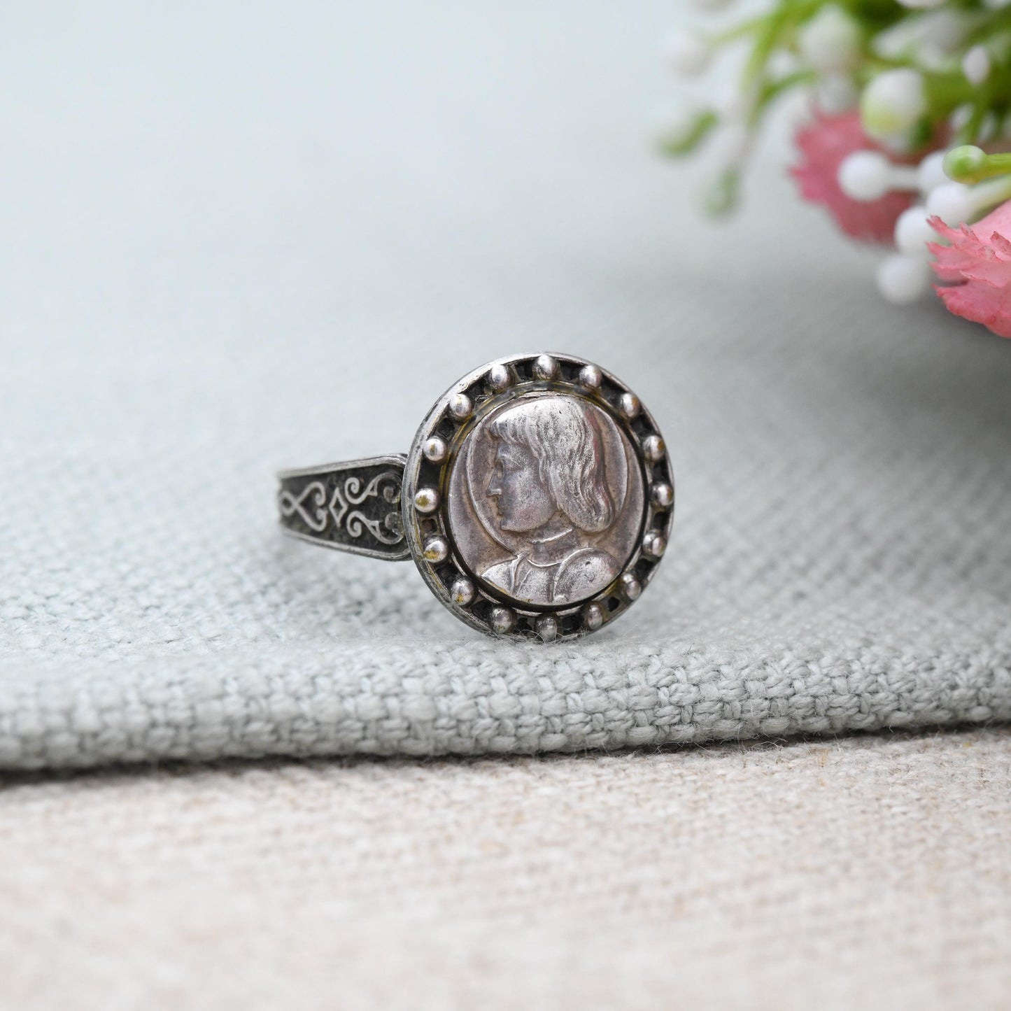 Vintage French Joan of Arc Ring c. 1950s - Patron Saint of France Halo Bust Portrait | Adjustable Band Ring | UK Size - L 1/2 | US Size - 6
