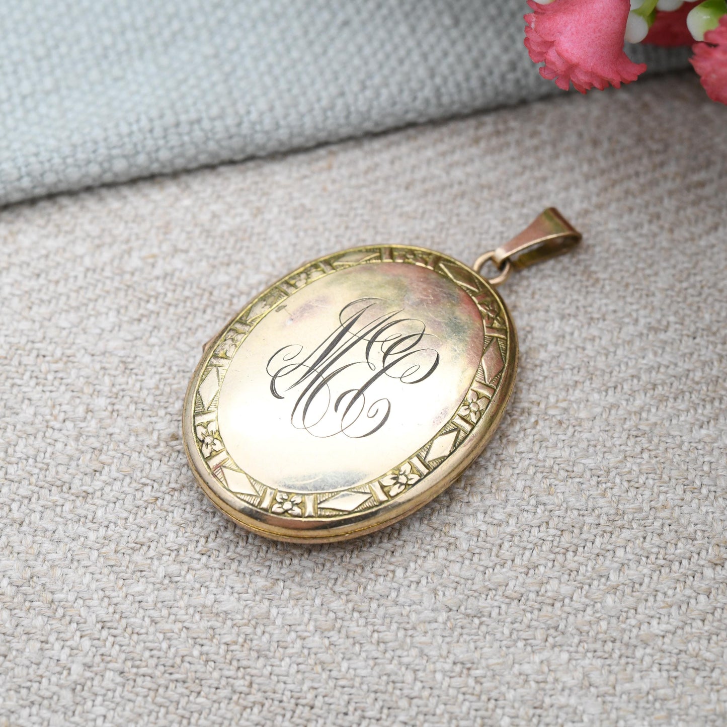 Vintage Rolled Gold Locket Pendant Monogram Initials MEC - Engraved Design Borders Inside | Large Photo Necklace c. 1960s Costume Jewellery