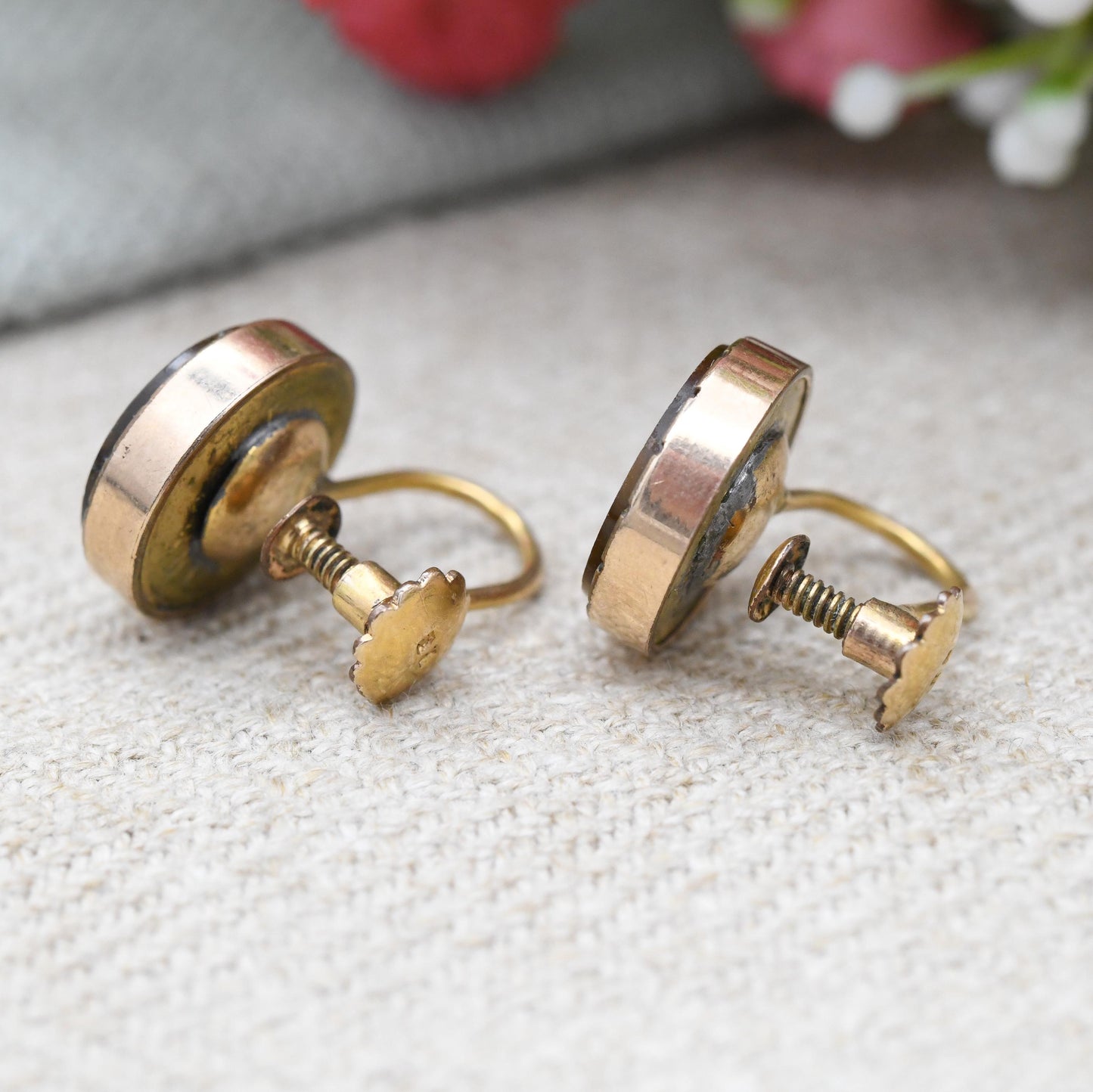 Vintage Rolled Gold Tiger's Eye Screw Back Earrings - Antique Button Conversion Jewellery | Not Pierced Unpierced Ears Stud Earrings