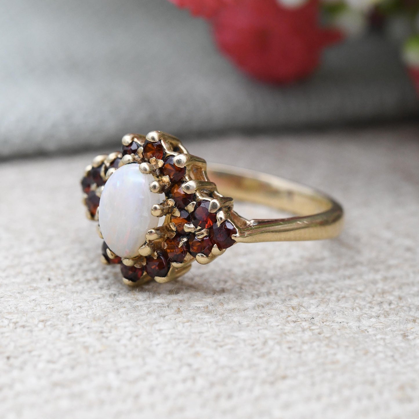 Vintage 9ct Gold Opal and Garnet Cluster Ring 1990 - Dramatic Statement Ring Red White Gemstones Side Stones | UK Size - J | US Size - 4 3/4