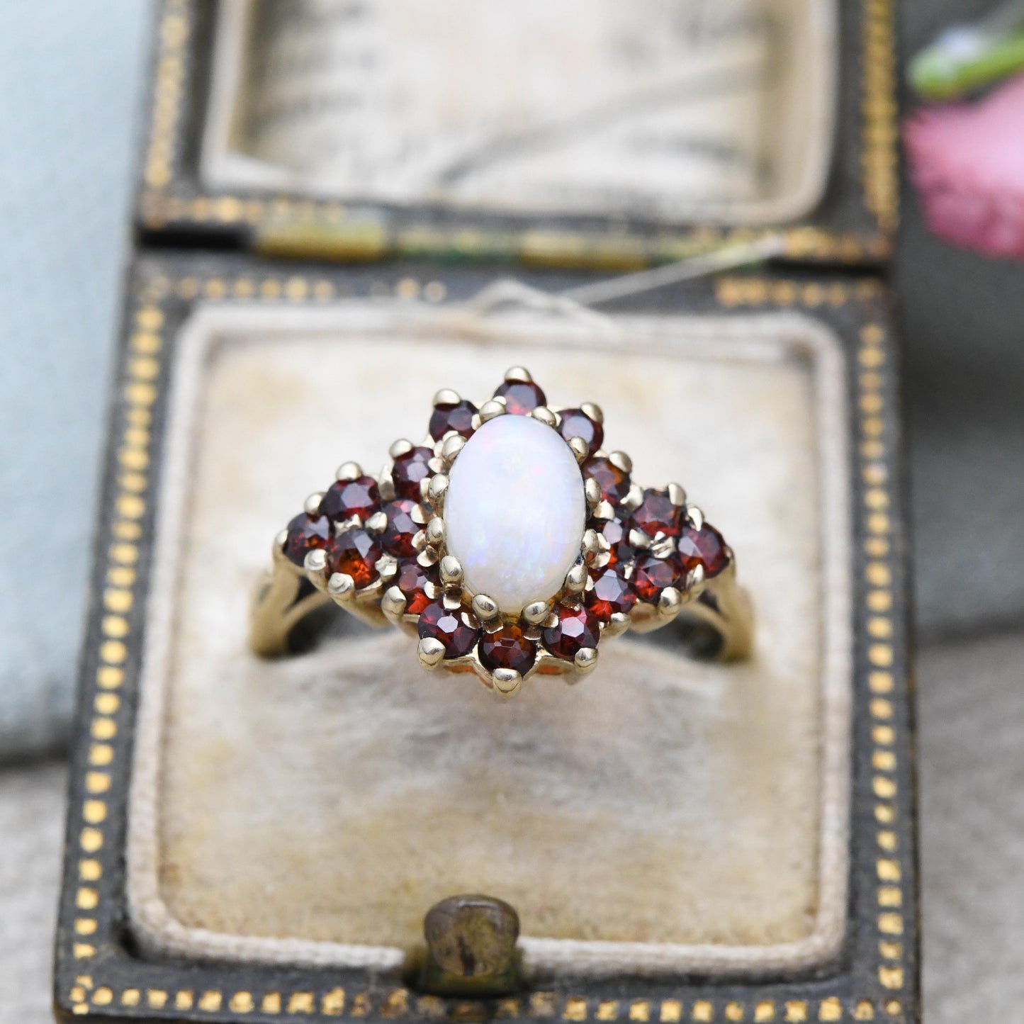 Vintage 9ct Gold Opal and Garnet Cluster Ring 1990 - Dramatic Statement Ring Red White Gemstones Side Stones | UK Size - J | US Size - 4 3/4