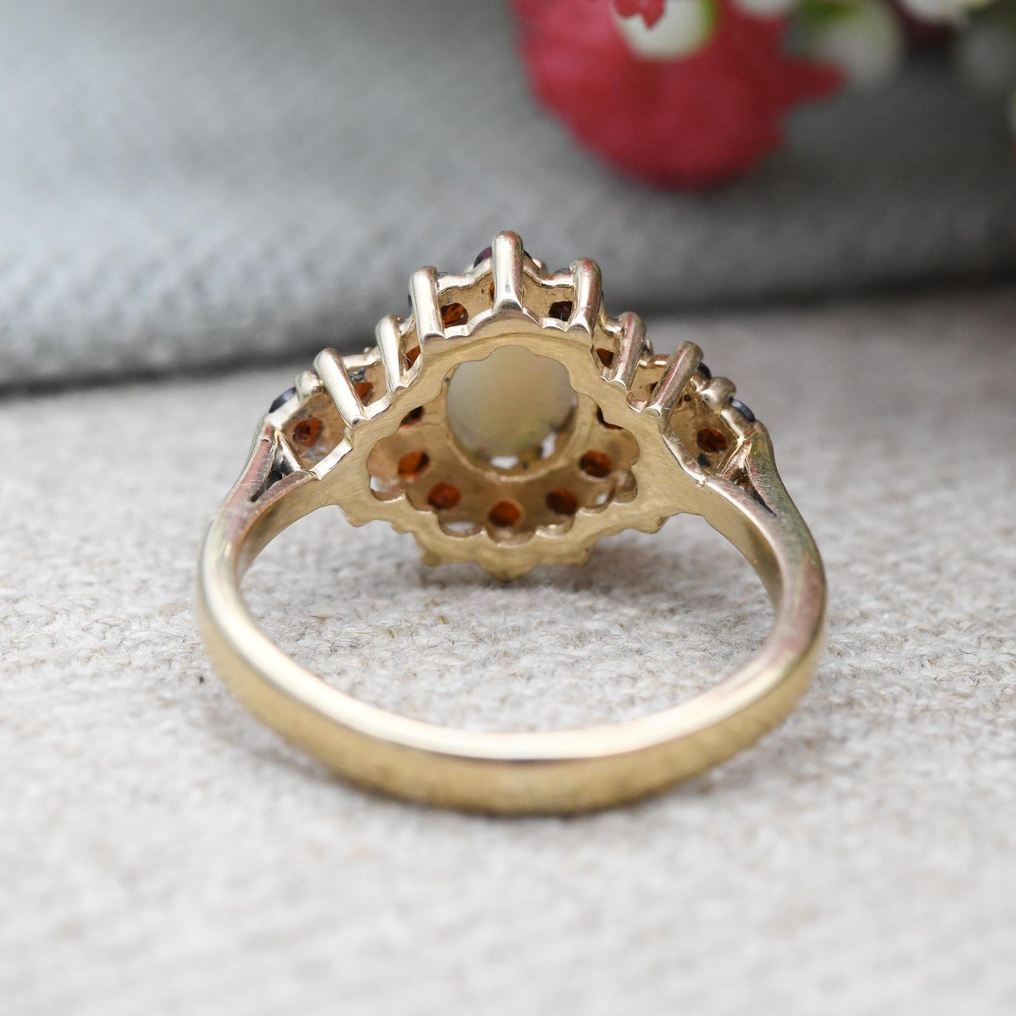 Vintage 9ct Gold Opal and Garnet Cluster Ring 1990 - Dramatic Statement Ring Red White Gemstones Side Stones | UK Size - J | US Size - 4 3/4