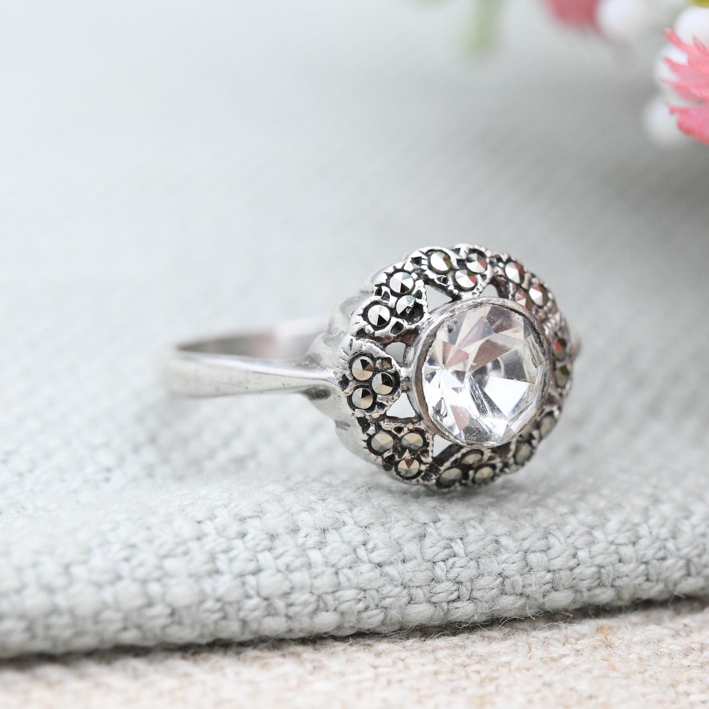 Vintage Sterling Silver Solitaire Ring with Marcasite Heart Halo - Pretty Fan Petal Ring | Large White Stone | UK Size - O | US Size - 7 1/4