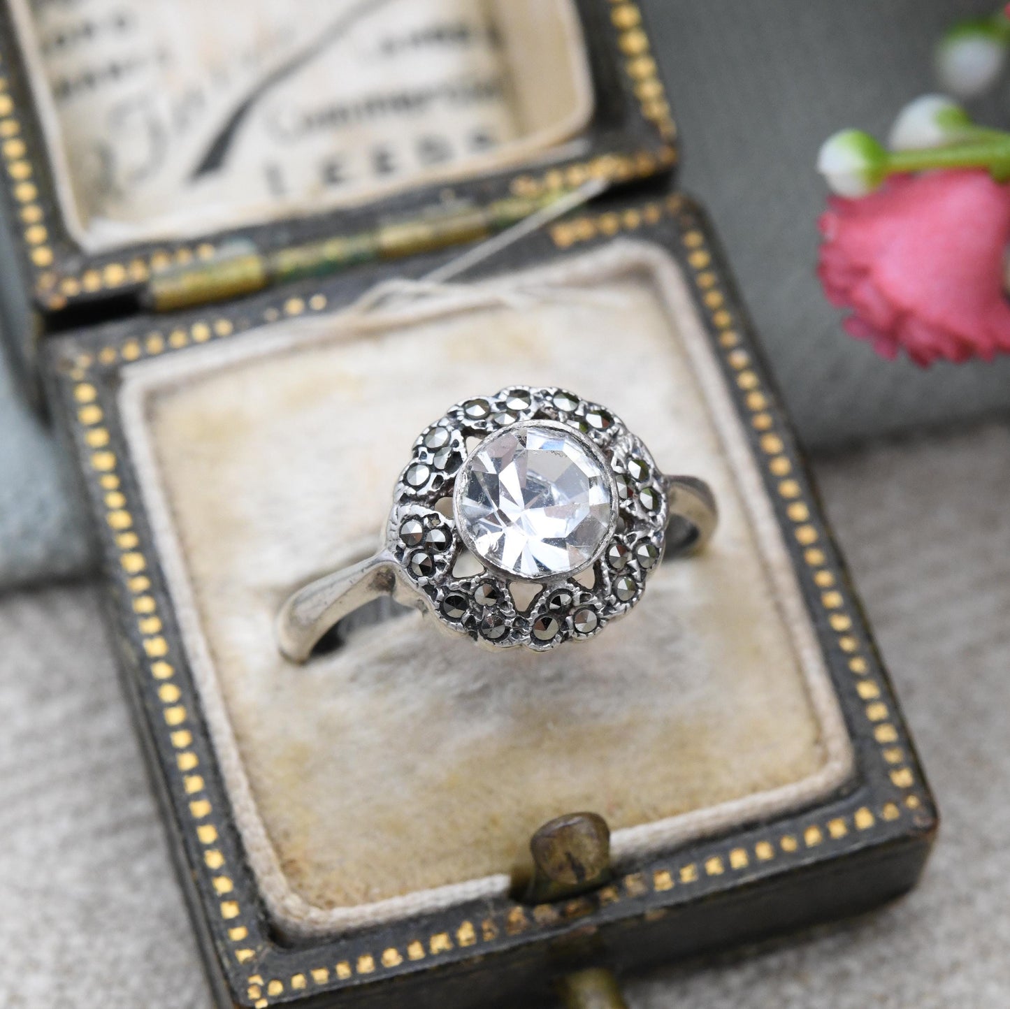 Vintage Sterling Silver Solitaire Ring with Marcasite Heart Halo - Pretty Fan Petal Ring | Large White Stone | UK Size - O | US Size - 7 1/4