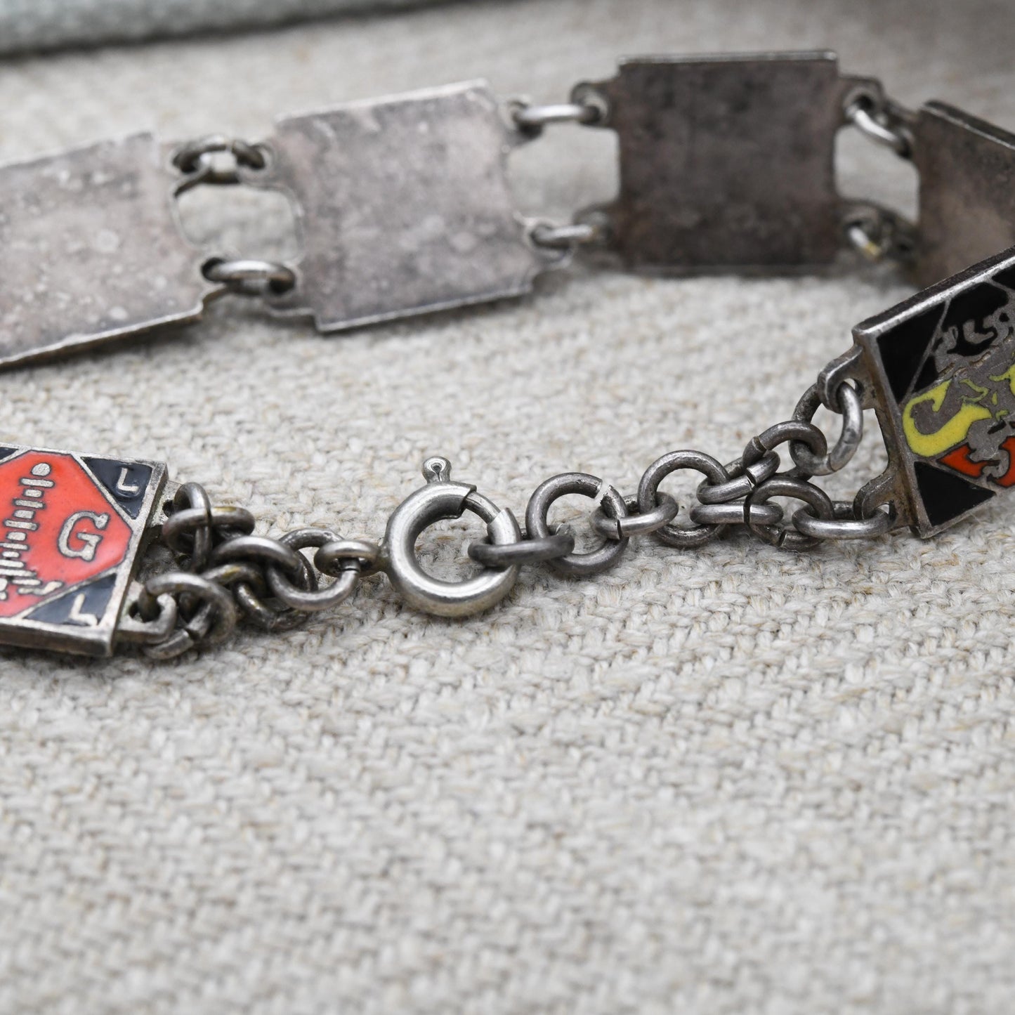 Vintage European Souvenir Flags Enamel Panel Link Bracelet - Germany Belgium Luxembourg Bavaria District Flags | Red Black Blue Lion Rampant