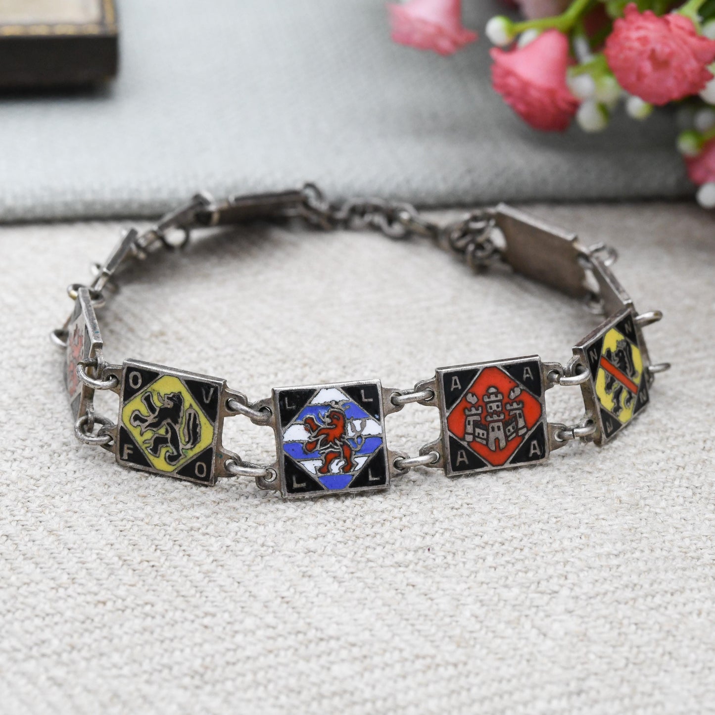 Vintage European Souvenir Flags Enamel Panel Link Bracelet - Germany Belgium Luxembourg Bavaria District Flags | Red Black Blue Lion Rampant