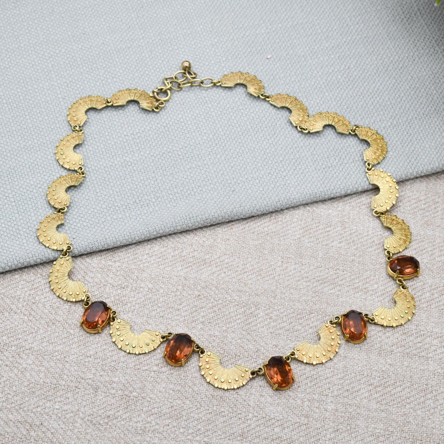 Vintage Kordes and Lichtenfels 14ct Rolled Gold Fan Panel Necklace Brown Stone - Mid-Century Textured Costume Jewellery German Designers K&L