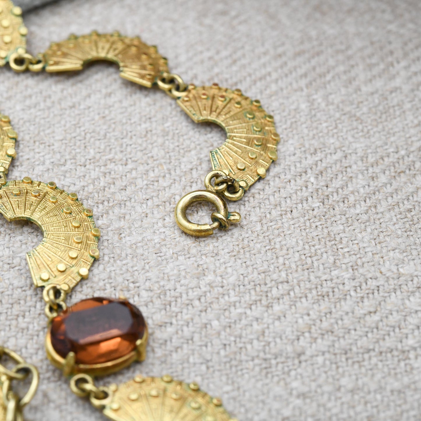 Vintage Kordes and Lichtenfels 14ct Rolled Gold Fan Panel Necklace Brown Stone - Mid-Century Textured Costume Jewellery German Designers K&L