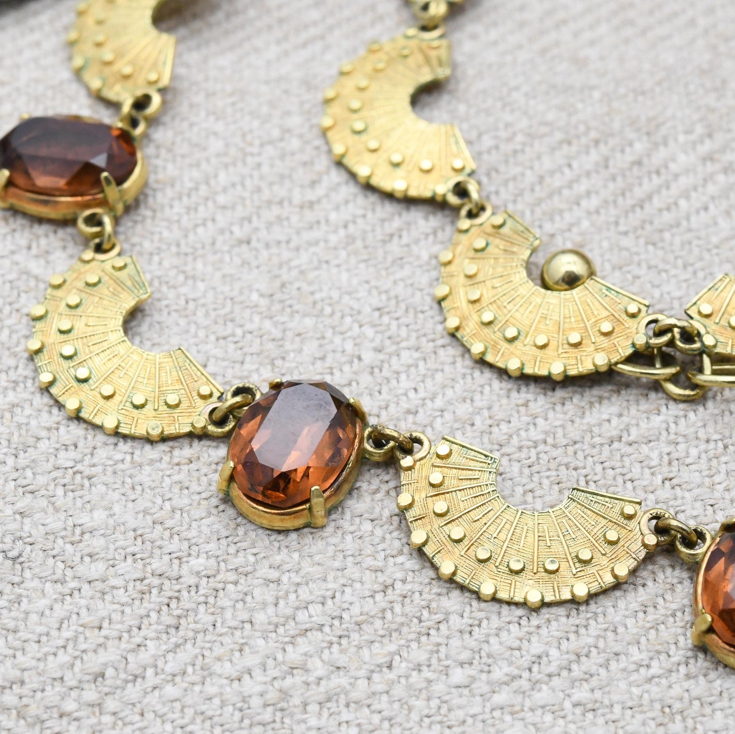 Vintage Kordes and Lichtenfels 14ct Rolled Gold Fan Panel Necklace Brown Stone - Mid-Century Textured Costume Jewellery German Designers K&L