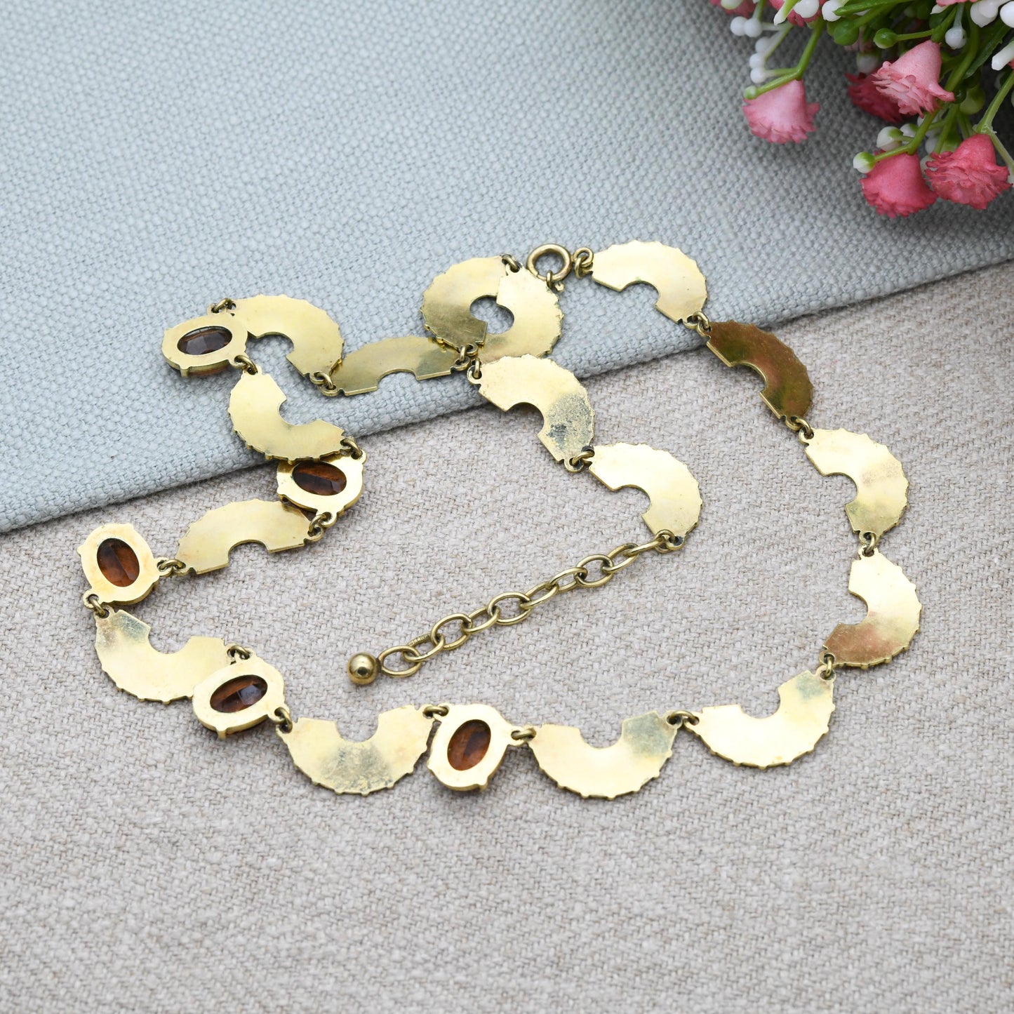 Vintage Kordes and Lichtenfels 14ct Rolled Gold Fan Panel Necklace Brown Stone - Mid-Century Textured Costume Jewellery German Designers K&L