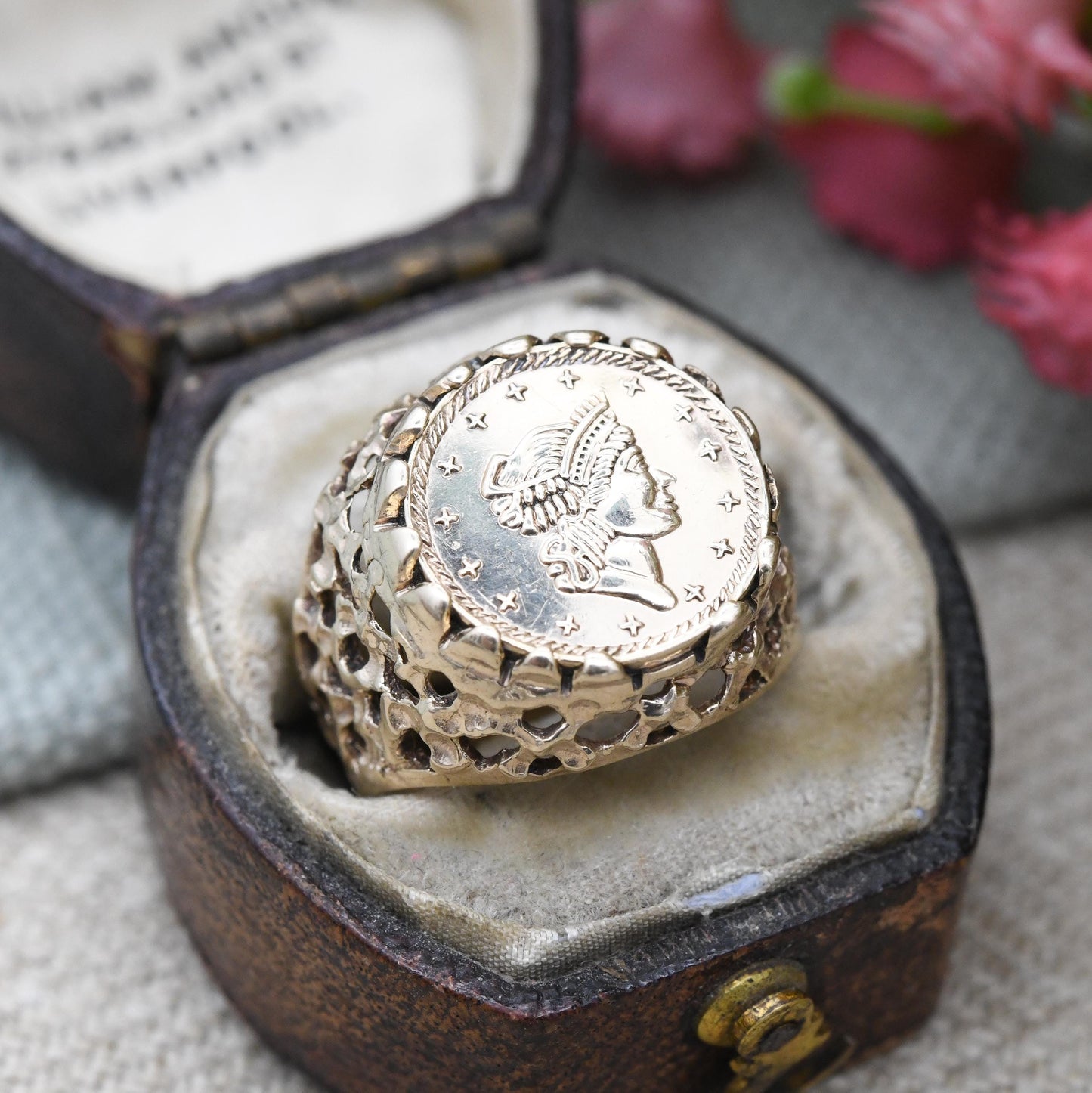 Vintage 9ct Gold Liberty Head Tallar Coin Signet Ring 1982 - Fantasy Coin Jewellery USA Lady Liberty | Small UK Size - H 1/2 | US Size - 4