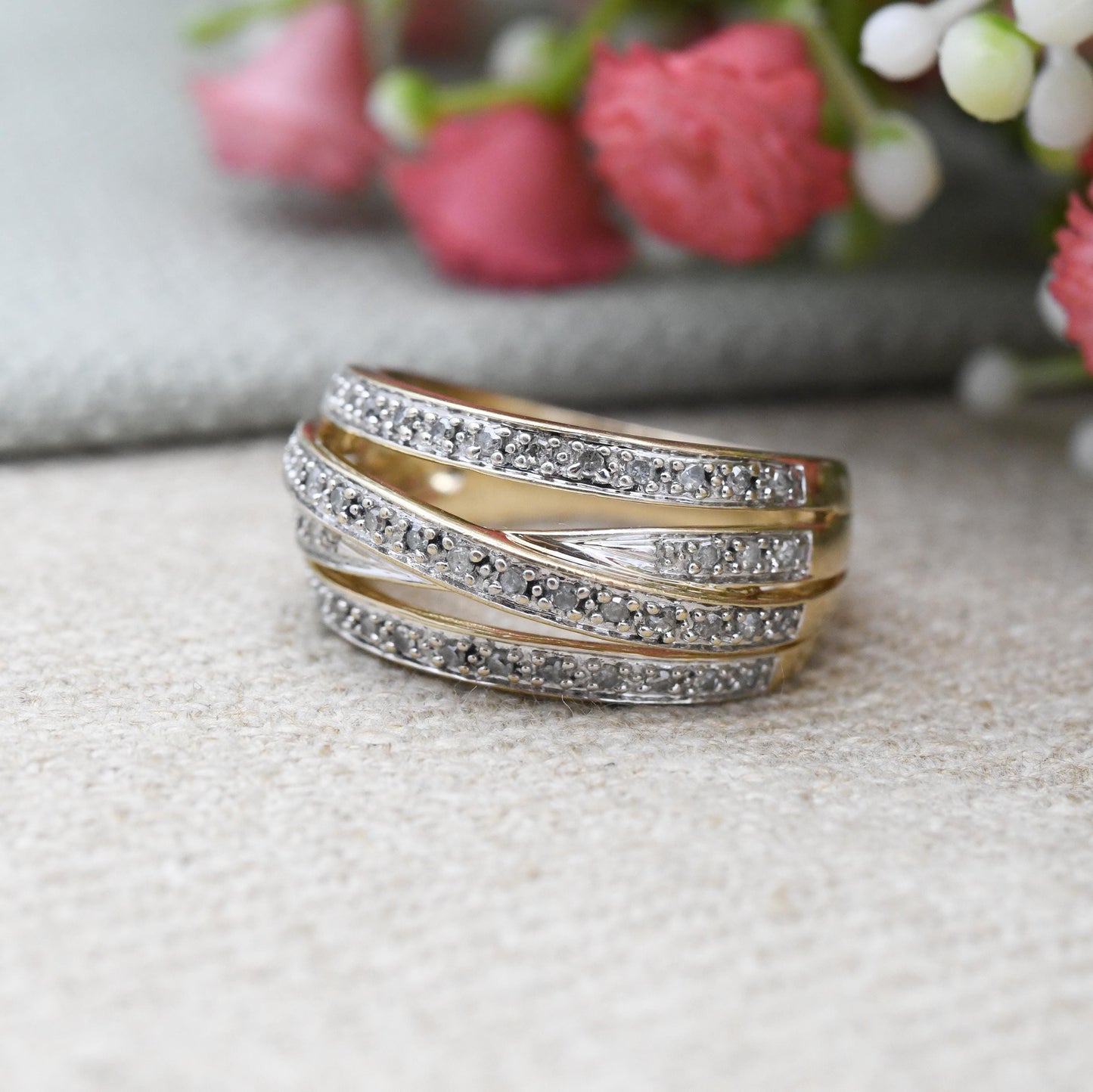 Vintage Multi Band Diamond Ring 9ct Gold Half Eternity .25 Carats 25 Points - Statement Chunky Band Ring Stack | UK Size - M US Size - 6 1/4