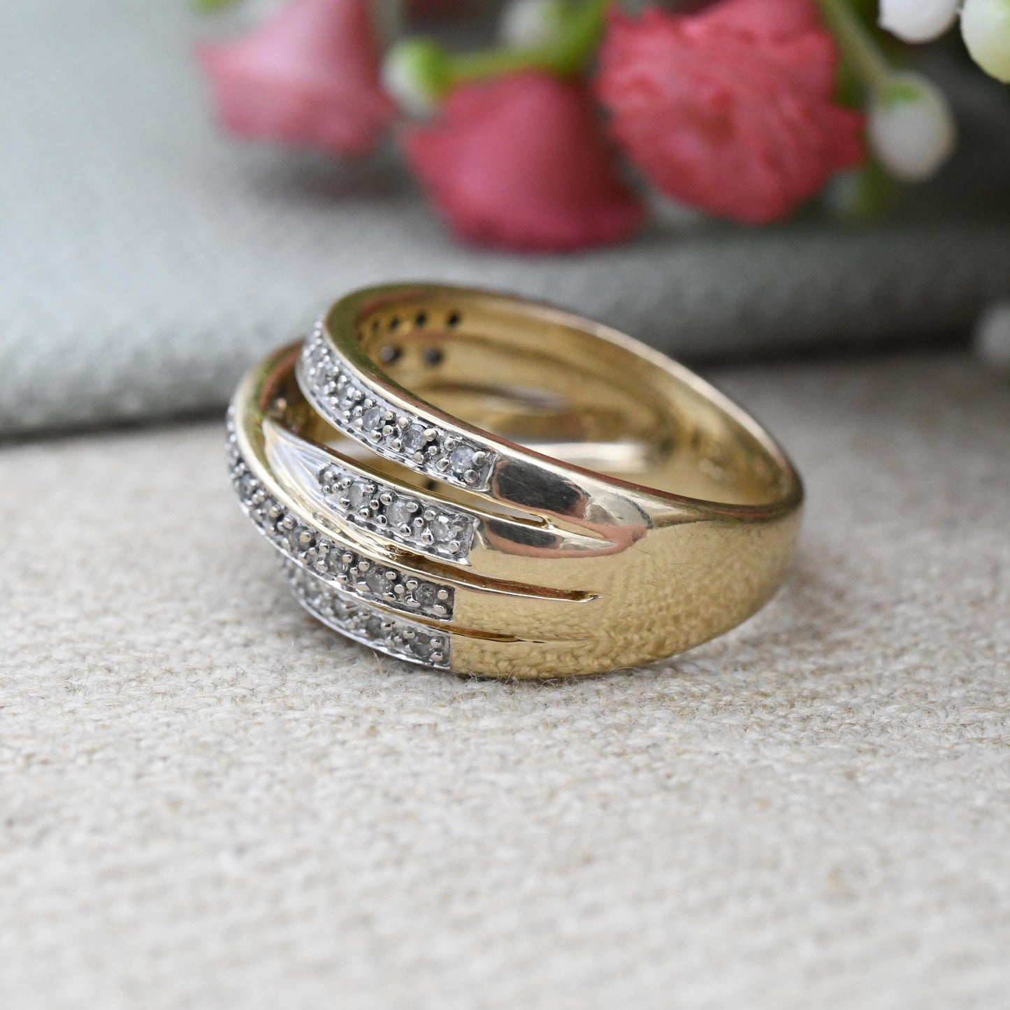 Vintage Multi Band Diamond Ring 9ct Gold Half Eternity .25 Carats 25 Points - Statement Chunky Band Ring Stack | UK Size - M US Size - 6 1/4